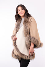 Load image into Gallery viewer, Cashmere Cape with Finn Raccoon Fur Trim - Beige/Cream (Reversible)