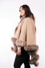 Load image into Gallery viewer, Cashmere Cape with Finn Raccoon Fur Trim - Beige/Cream (Reversible)