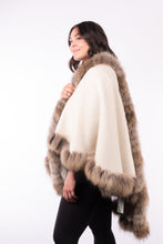 Load image into Gallery viewer, Cashmere Cape with Finn Raccoon Fur Trim - Beige/Cream (Reversible)