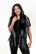 Load image into Gallery viewer, Black Rex Rabbit Scarf with Silver Fox Fur Fringes