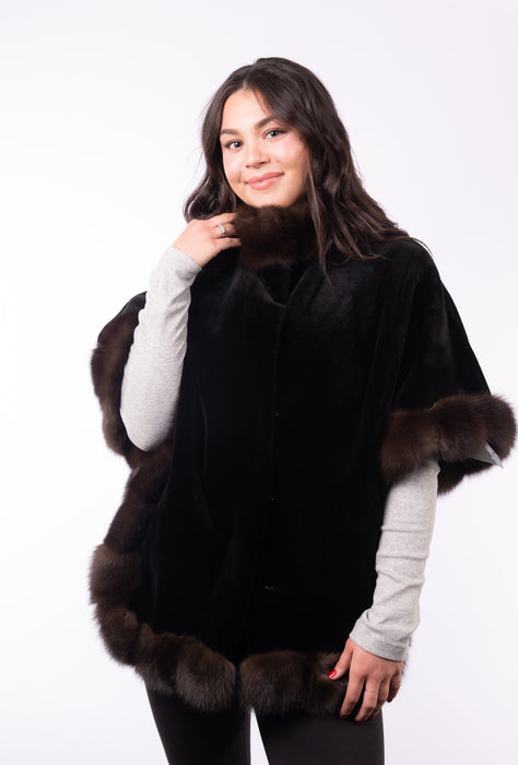 Black Sheared Mink Poncho with Russian Sable Trim