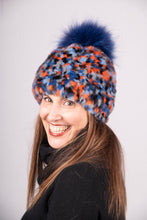 Load image into Gallery viewer, Royal/Orange Multicolor "Pixel" Mink Hat with Royal Fox