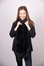 Load image into Gallery viewer, Black Rex Rabbit Scarf with Black Fox Fur Trim