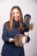 Load image into Gallery viewer, Black/Blue Iris/White Mink Mittens with Natural Asiatic Raccoon