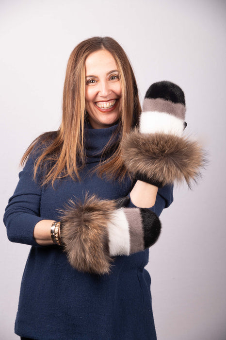 Black/Blue Iris/White Mink Mittens with Natural Asiatic Raccoon