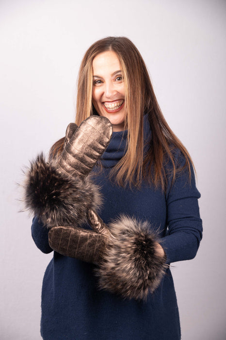 Black Gold Lamb Leather Mittens with Black Coffee Asiatic Raccoon