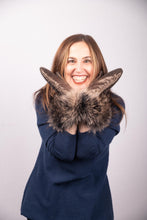 Load image into Gallery viewer, Black Gold Lamb Leather Mittens with Black Coffee Asiatic Raccoon