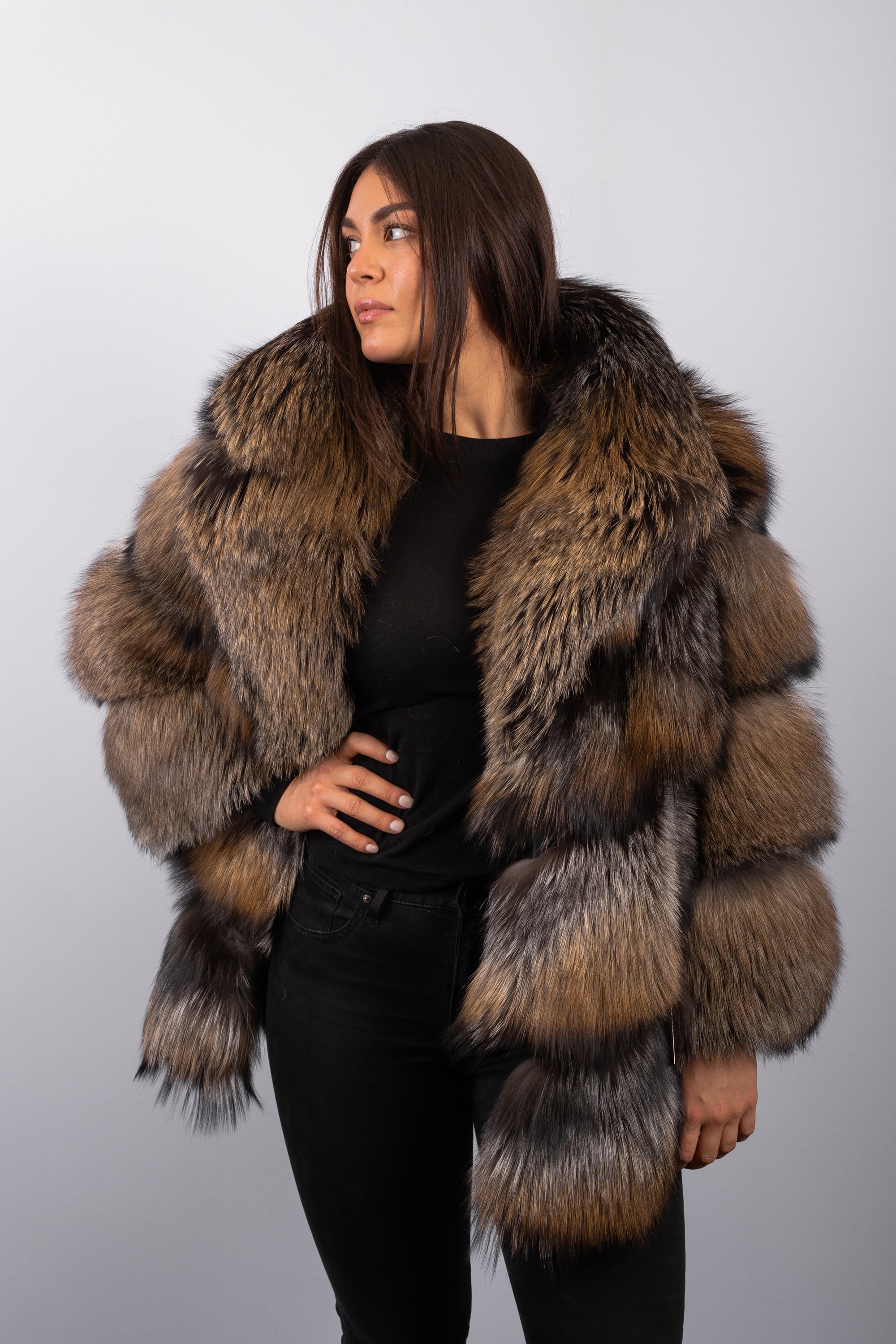 Natural Gold Cross Fox Jacket - 3/4 Sleeves