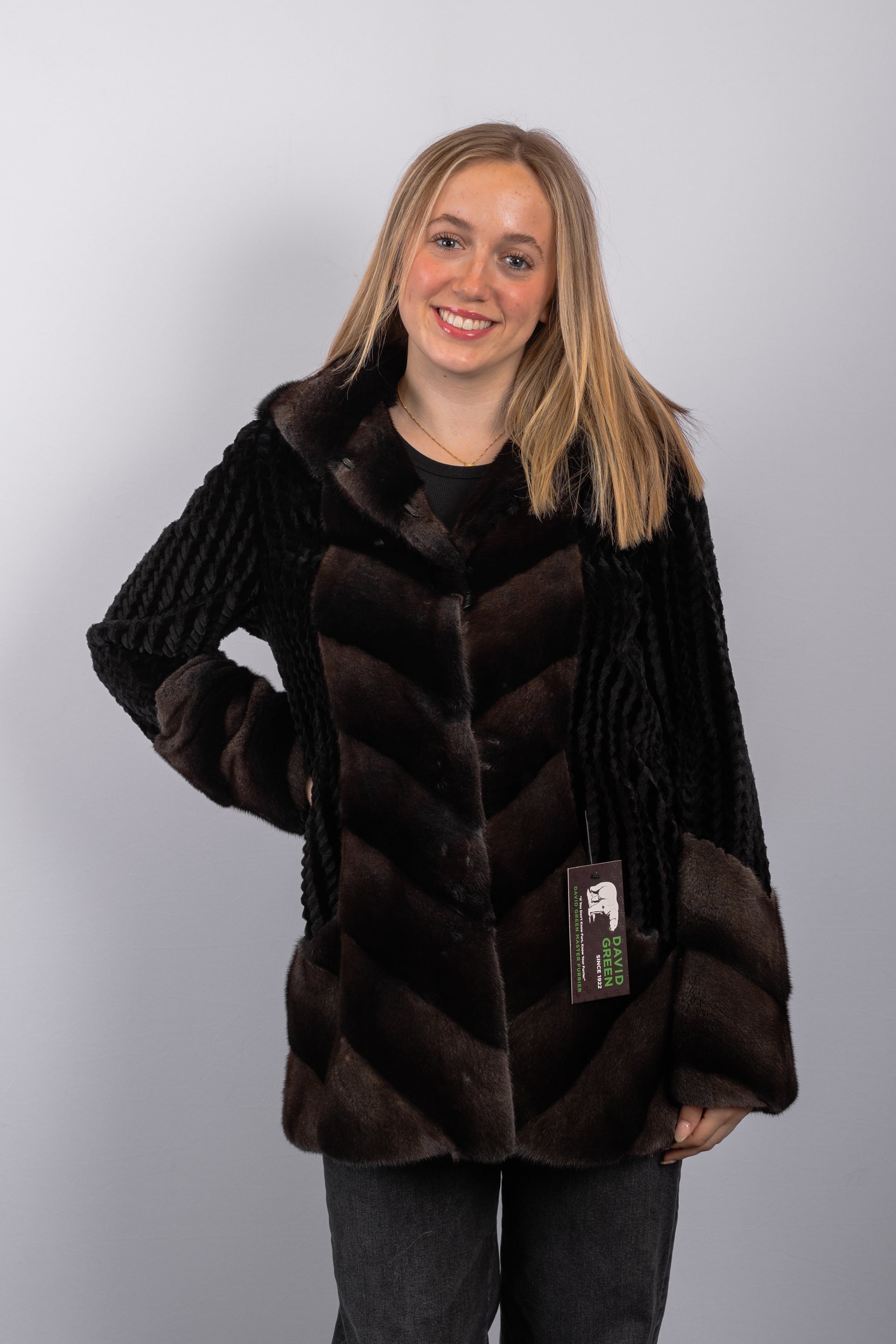 Charcoal Mink/Black Sheared Mink Jacket w/ Hood