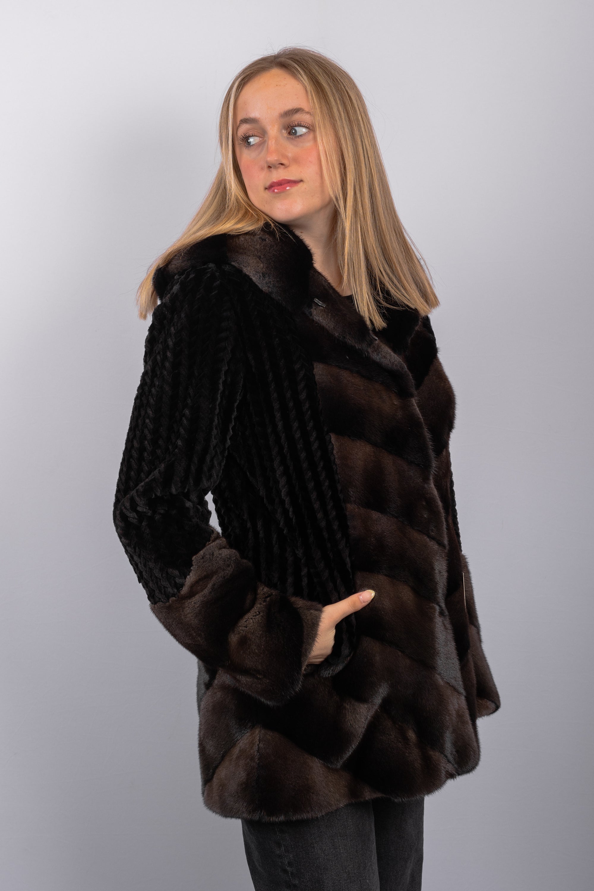Charcoal Mink/Black Sheared Mink Jacket w/ Hood