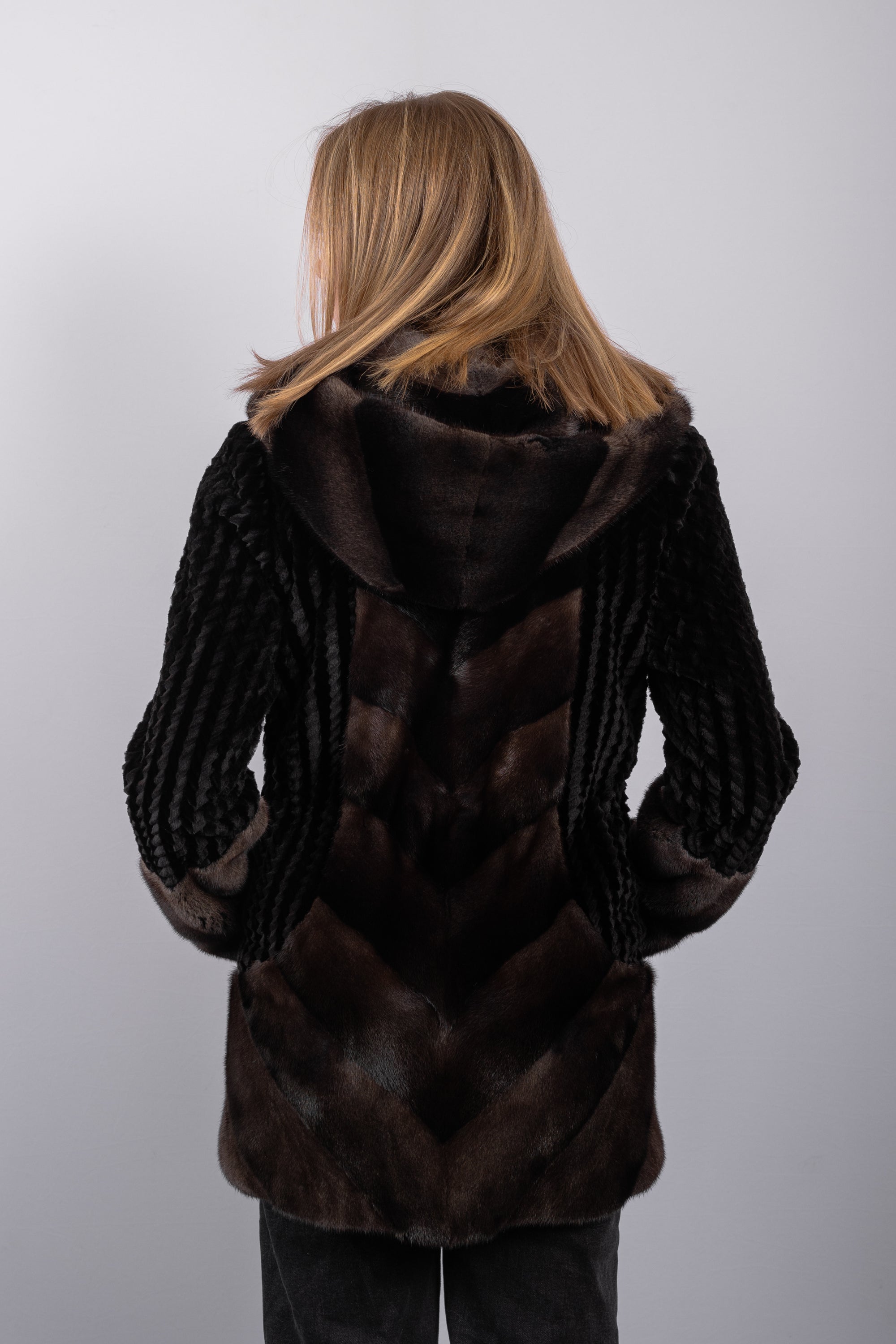 Charcoal Mink/Black Sheared Mink Jacket w/ Hood
