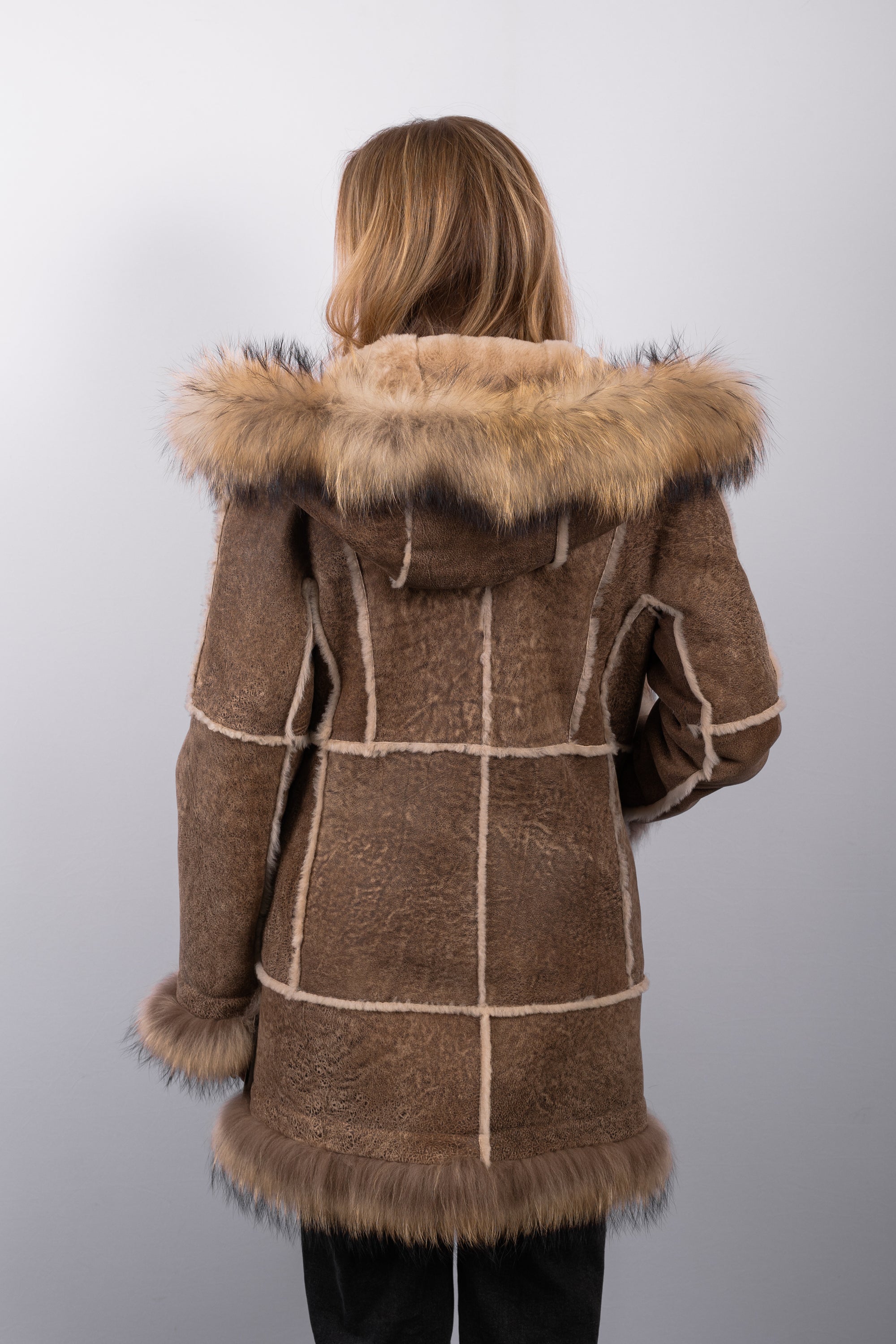 Cappuccino Shearling Lamb Jacket with Natural Asiatic Raccoon Fur Trim