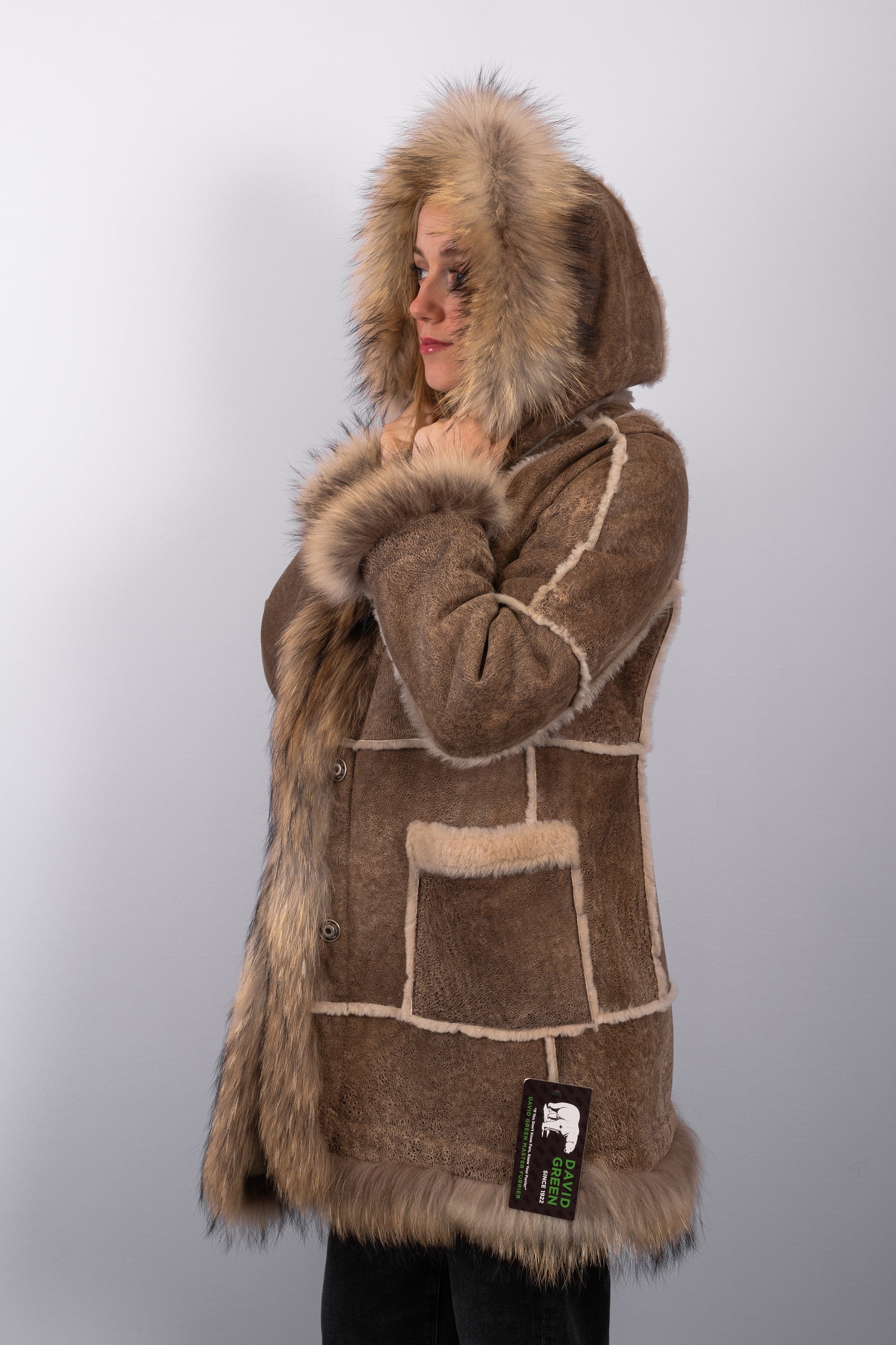 Cappuccino Shearling Lamb Jacket with Natural Asiatic Raccoon Fur Trim