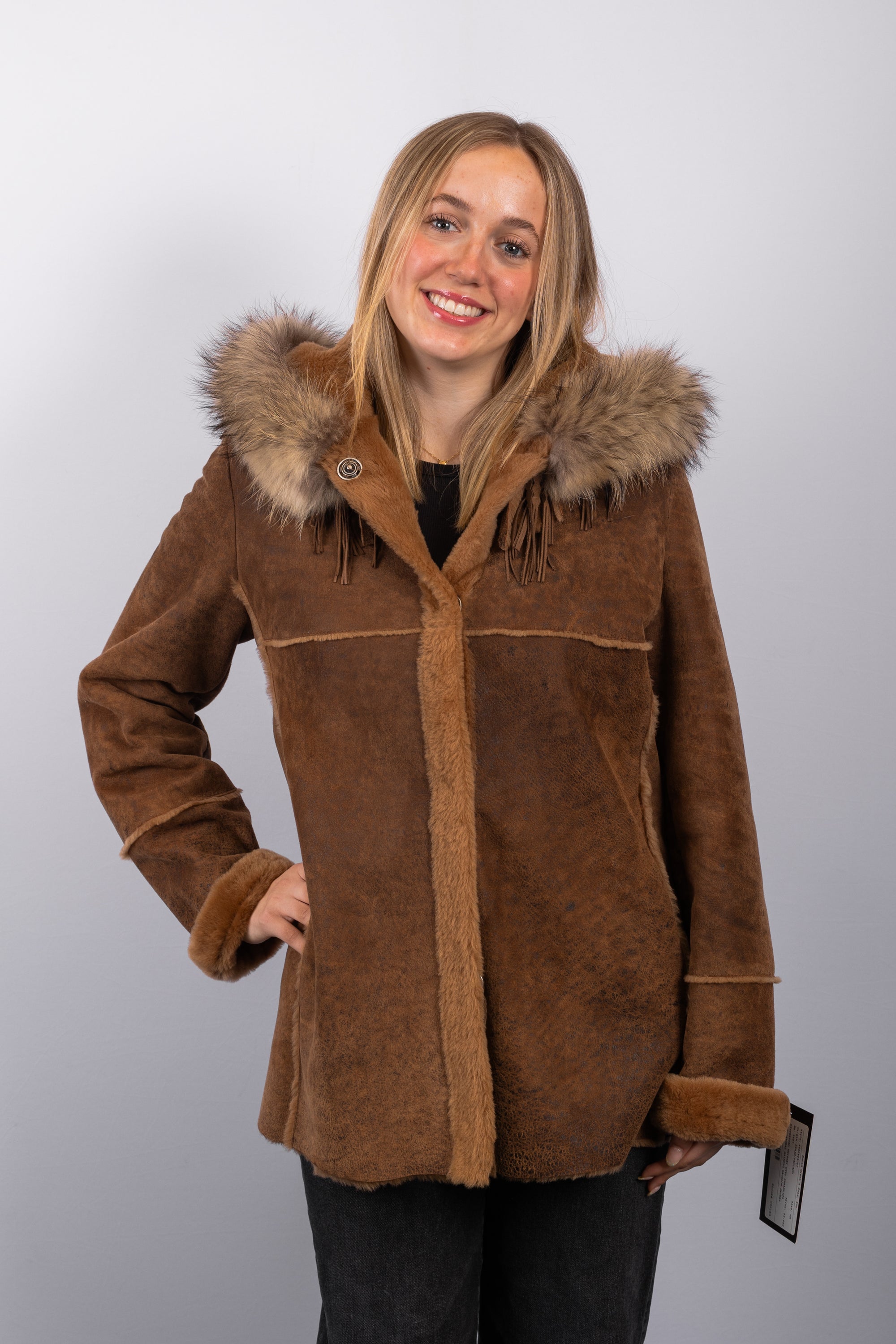 Distressed Whiskey Shearling Lamb Jacket with Natural Asiatic Raccoon Fur Trim