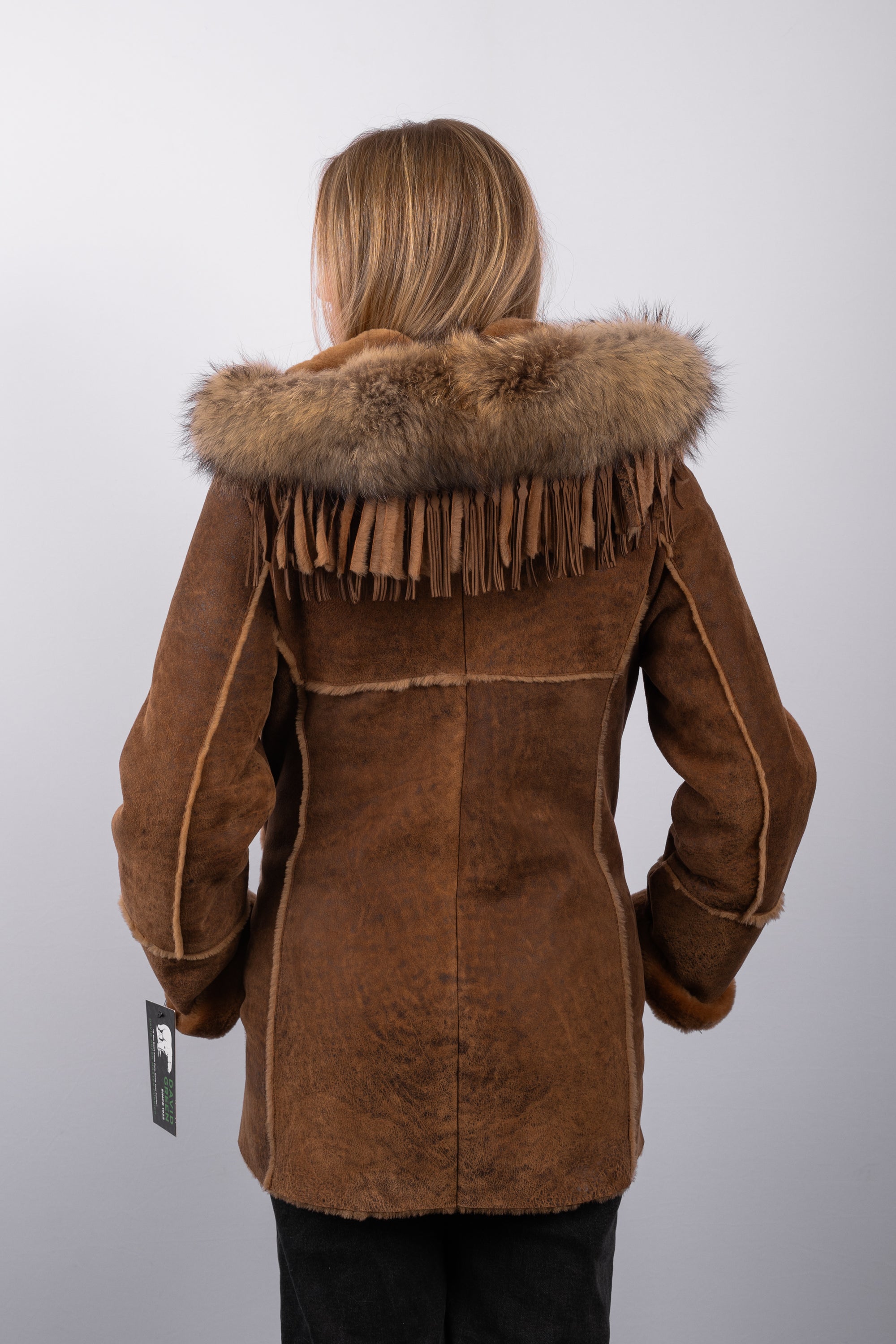 Distressed Whiskey Shearling Lamb Jacket with Natural Asiatic Raccoon Fur Trim