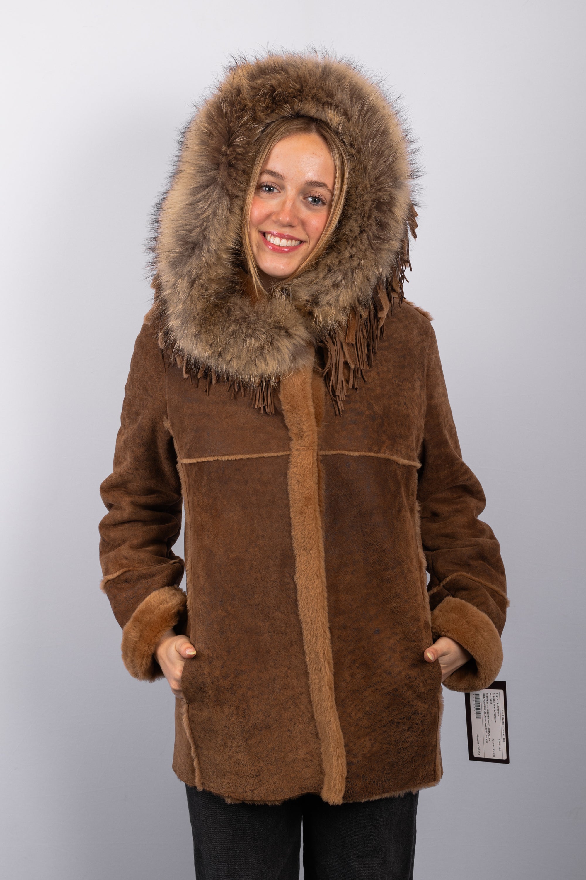 Distressed Whiskey Shearling Lamb Jacket with Natural Asiatic Raccoon Fur Trim