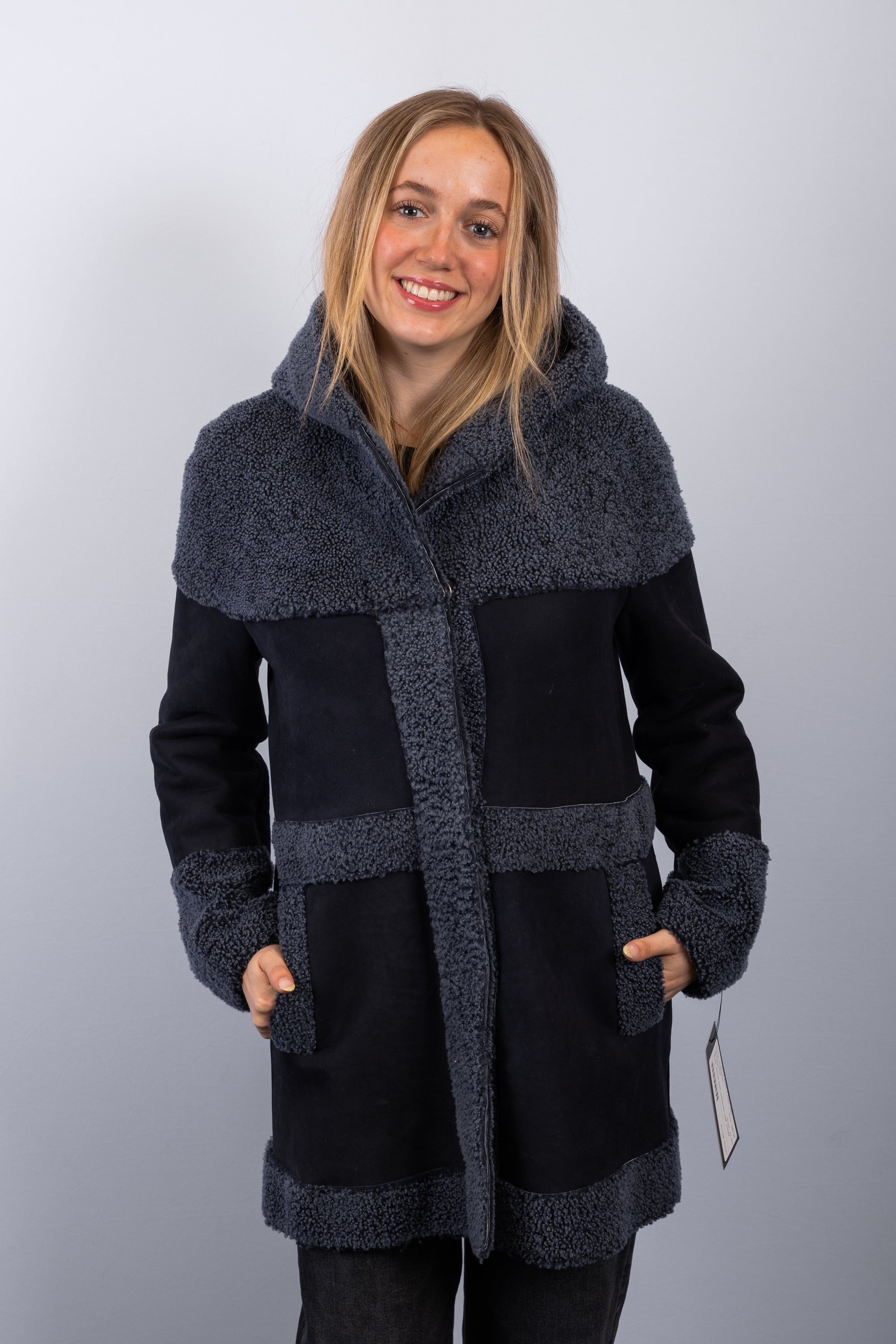 Black Indigo Shearling Lamb Jacket w/ Hood