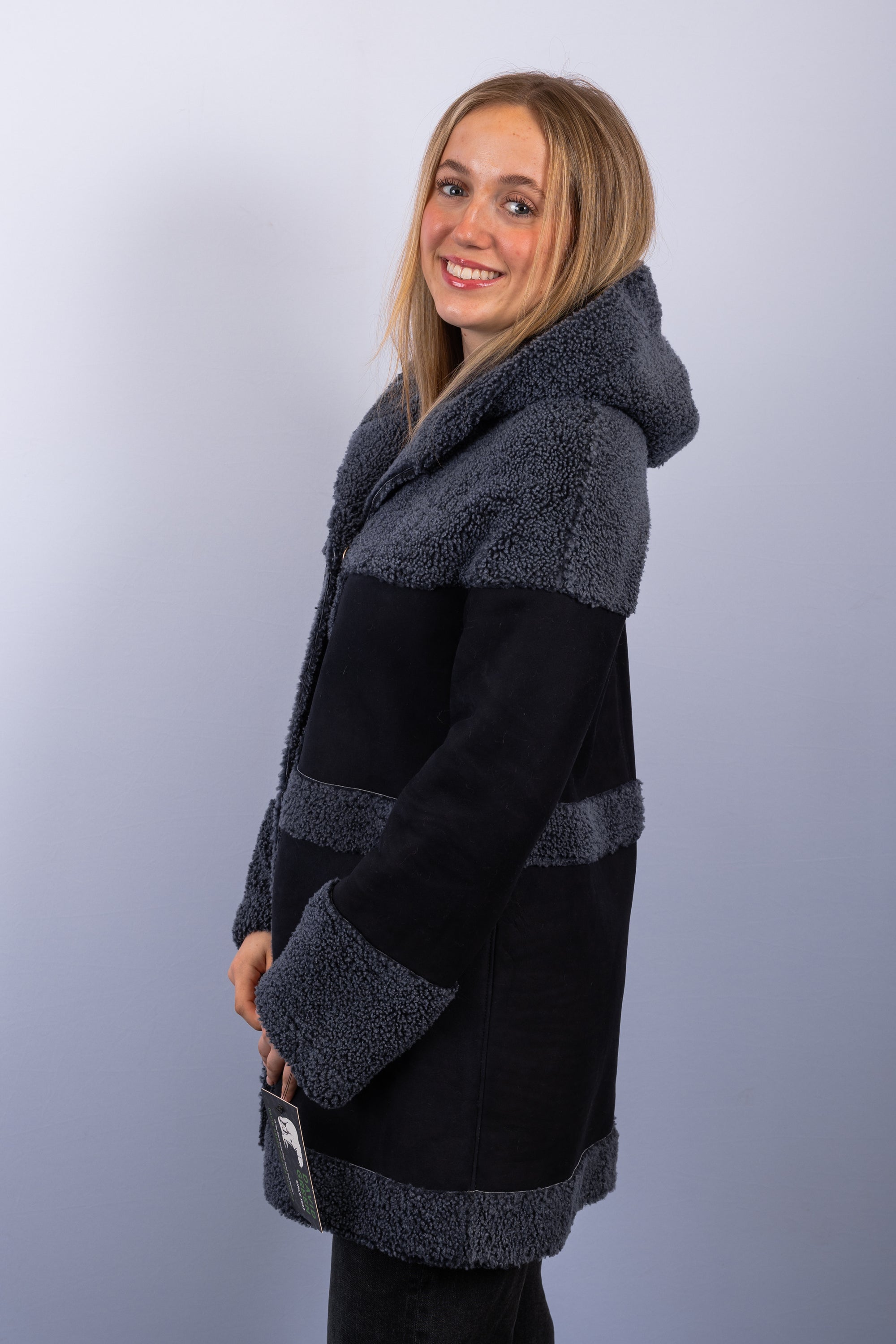 Black Indigo Shearling Lamb Jacket w/ Hood