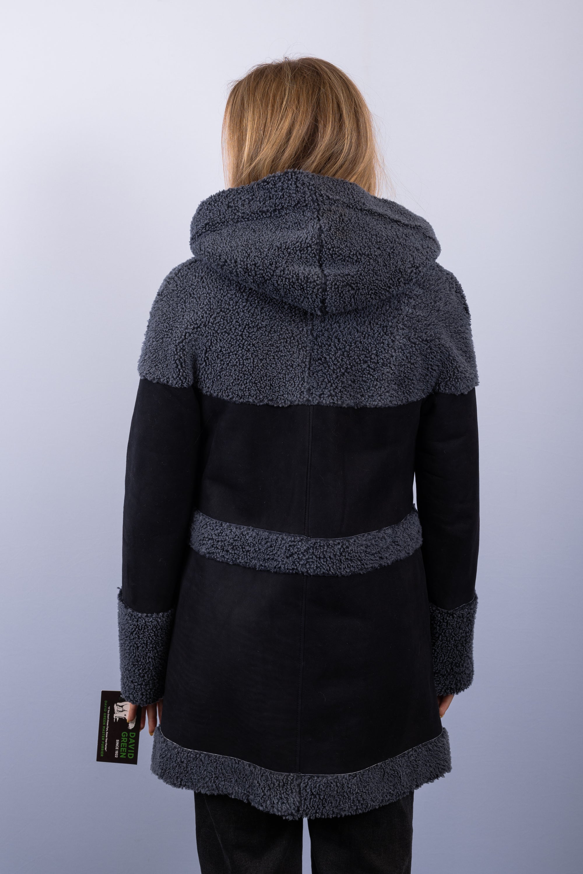 Black Indigo Shearling Lamb Jacket w/ Hood
