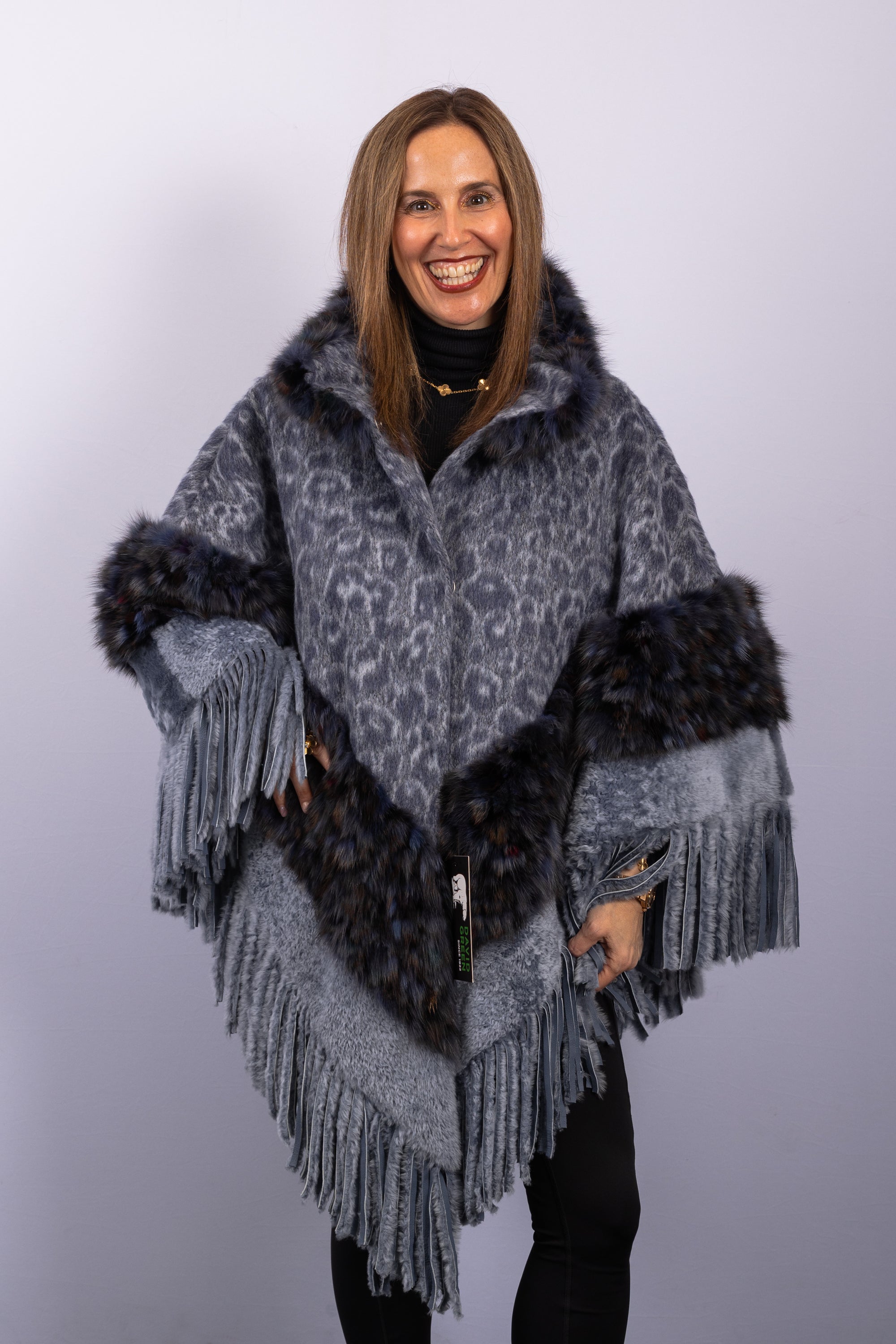 Denim Wool/Alpaca/Shearling Lamb Cape with Multi Russian Sable Fur Trim