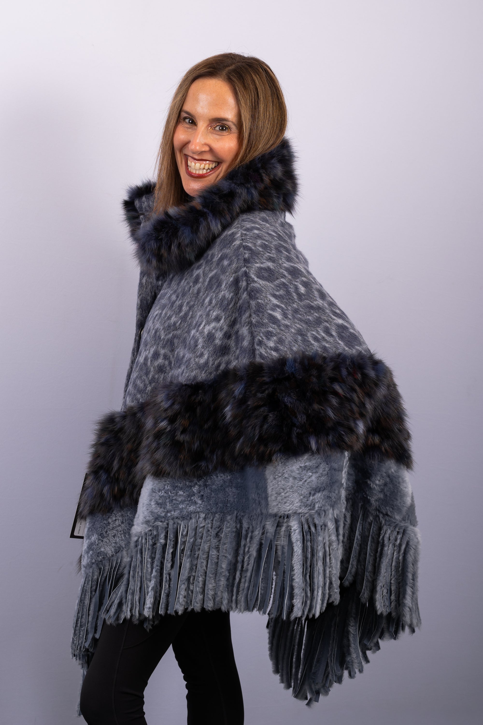 Denim Wool/Alpaca/Shearling Lamb Cape with Multi Russian Sable Fur Trim