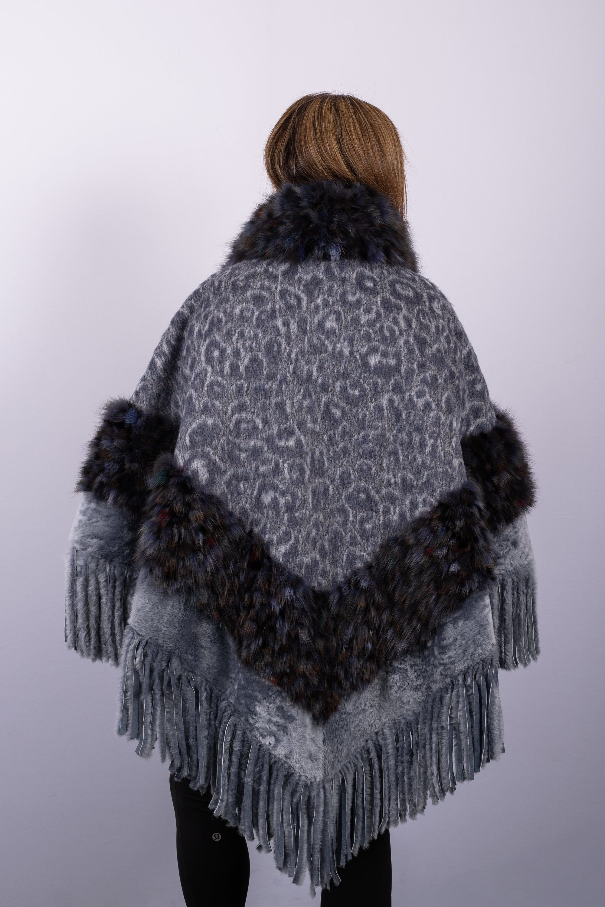 Denim Wool/Alpaca/Shearling Lamb Cape with Multi Russian Sable Fur Trim