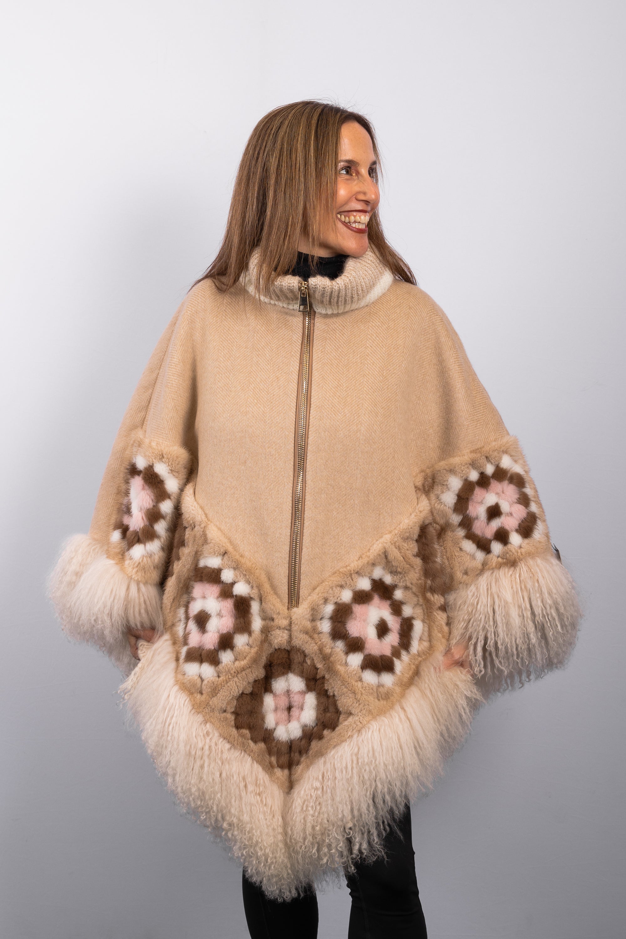 Cappuccino Cashmere Cape with Toffee/Mocha/Ivory/Pink Mink and Cappuccino Mongolian Lamb Fur Trim