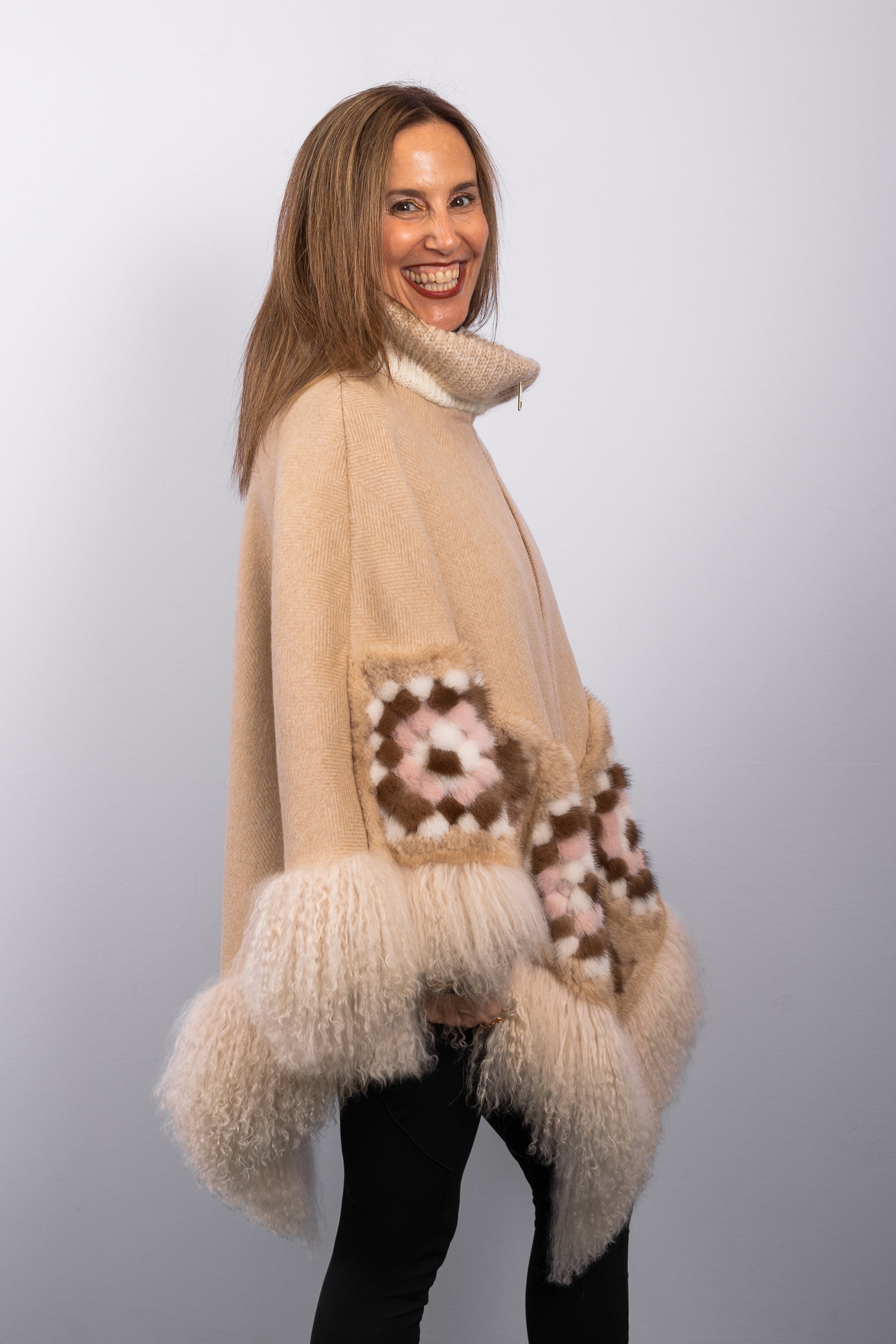 Cappuccino Cashmere Cape with Toffee/Mocha/Ivory/Pink Mink and Cappuccino Mongolian Lamb Fur Trim