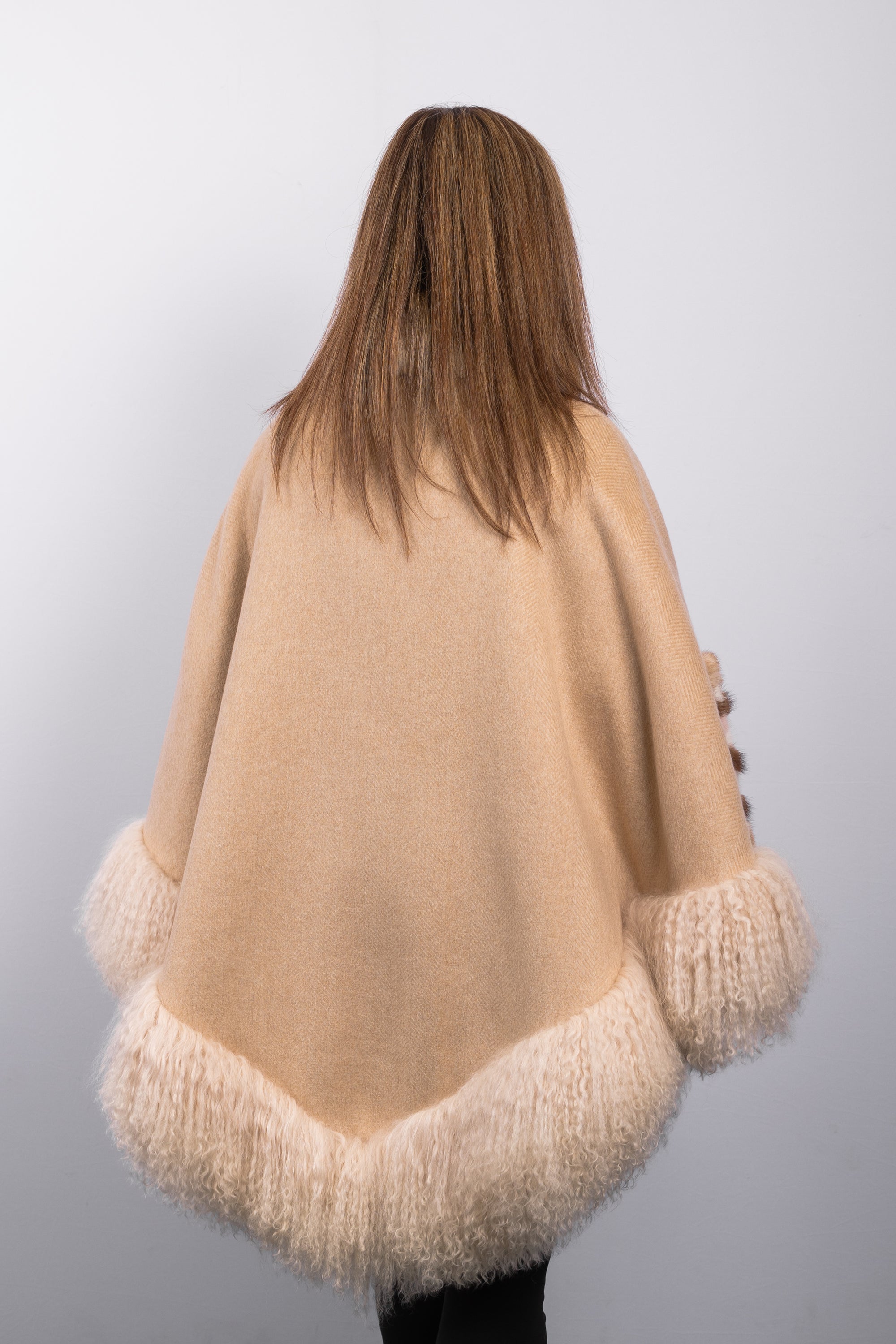 Cappuccino Cashmere Cape with Toffee/Mocha/Ivory/Pink Mink and Cappuccino Mongolian Lamb Fur Trim