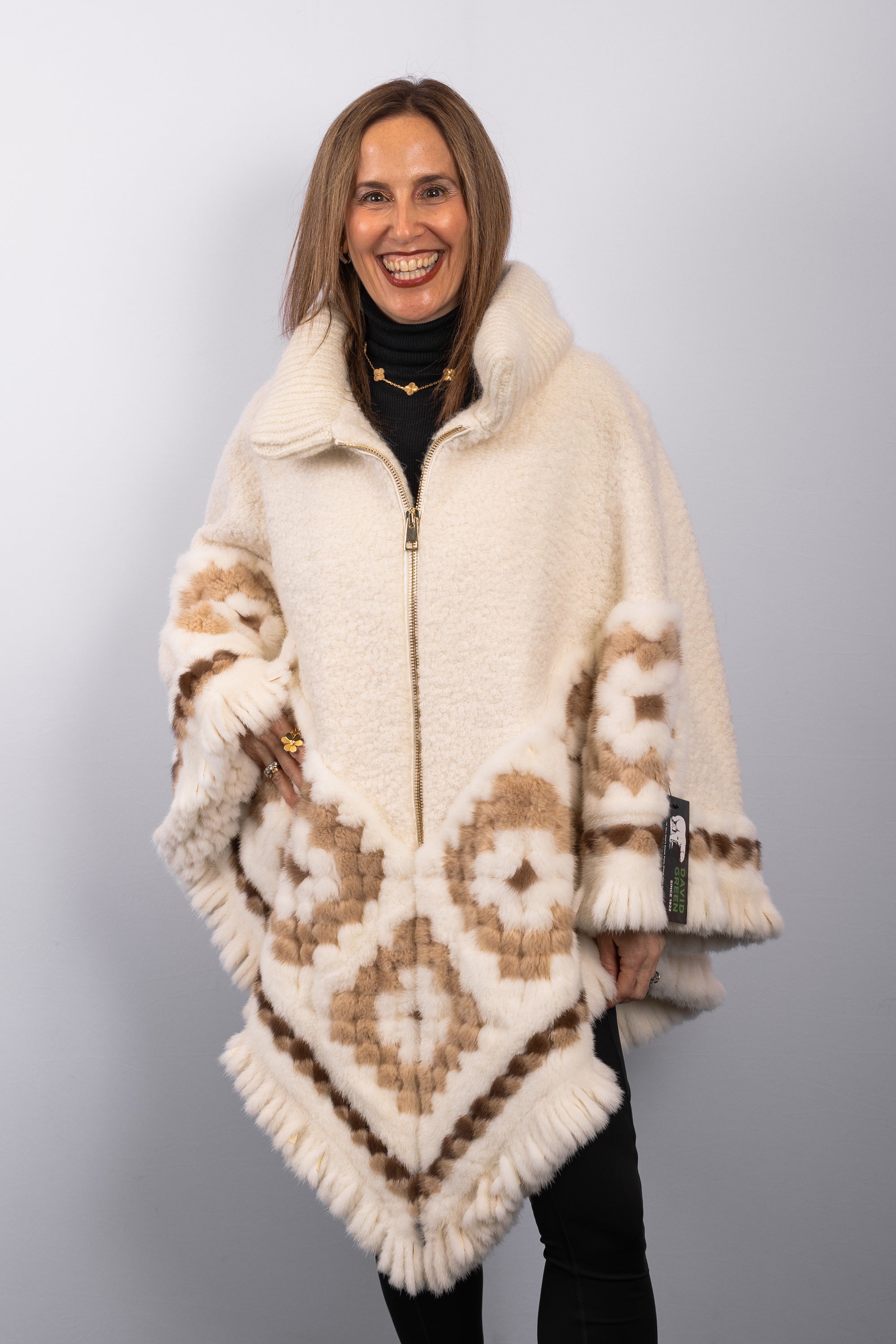 Ivory Alpaca/Wool Cape with Natural Ivory/Toffee/Mocha Mink Fur Trim