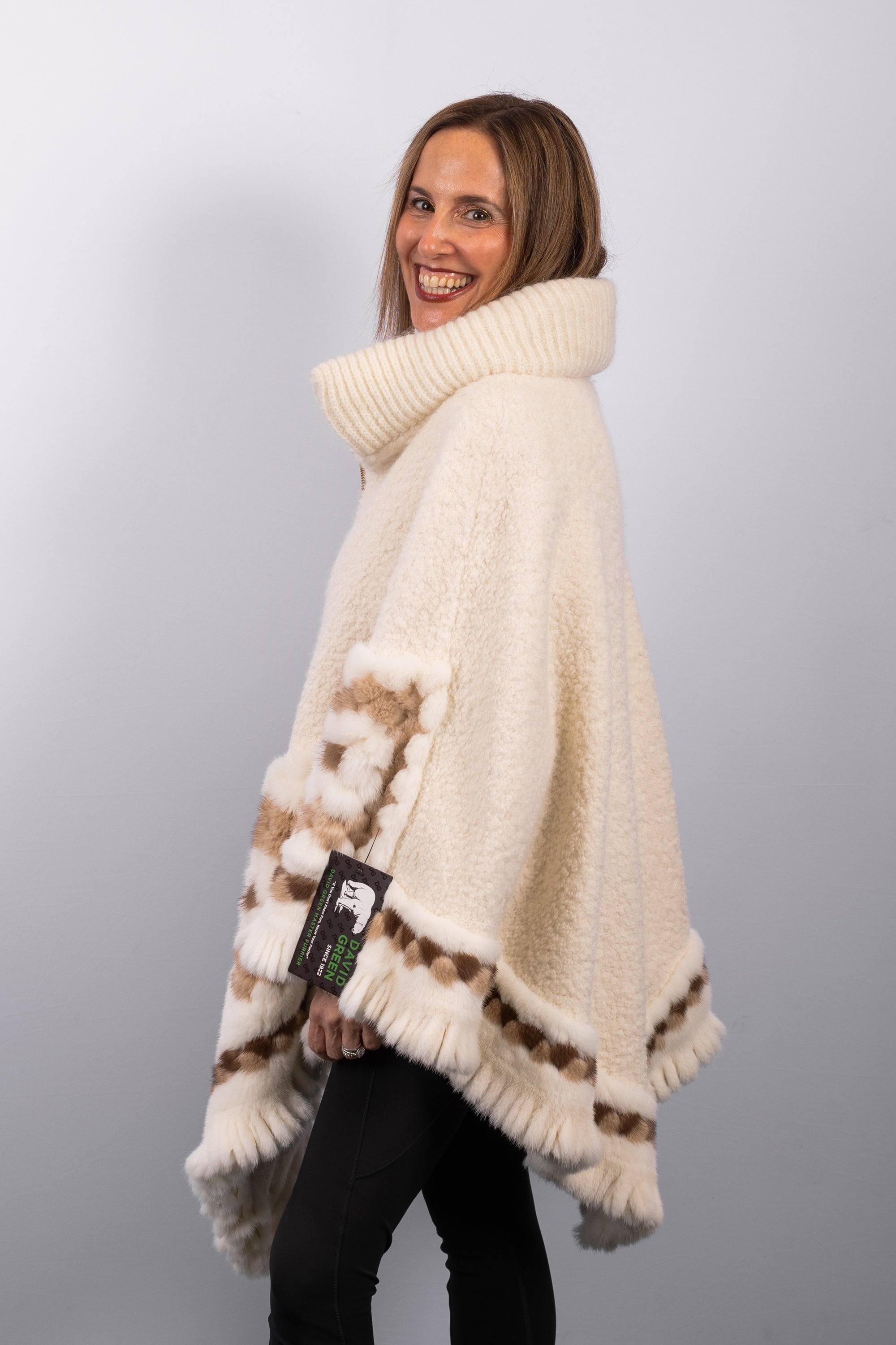 Ivory Alpaca/Wool Cape with Natural Ivory/Toffee/Mocha Mink Fur Trim