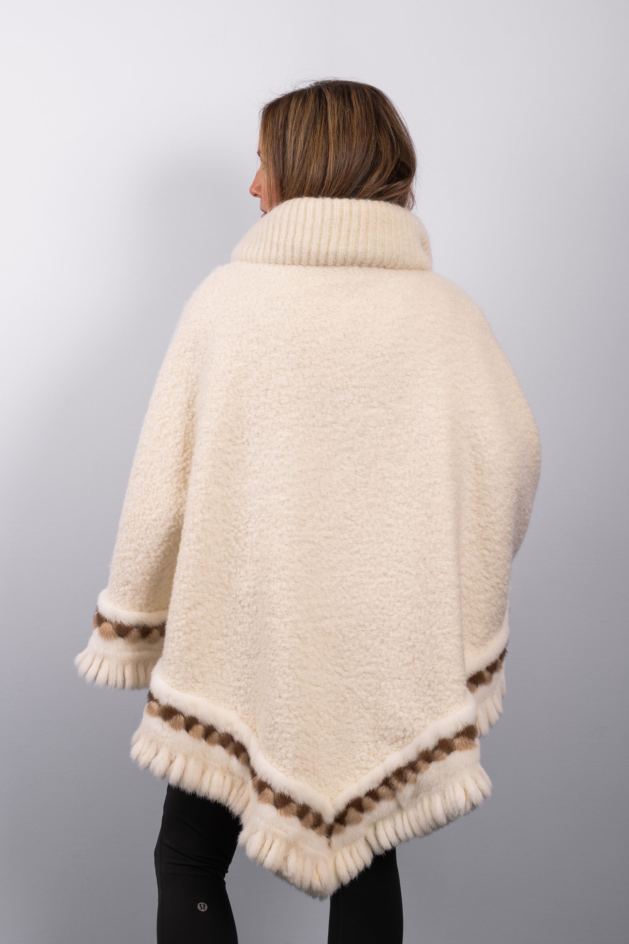 Ivory Alpaca/Wool Cape with Natural Ivory/Toffee/Mocha Mink Fur Trim