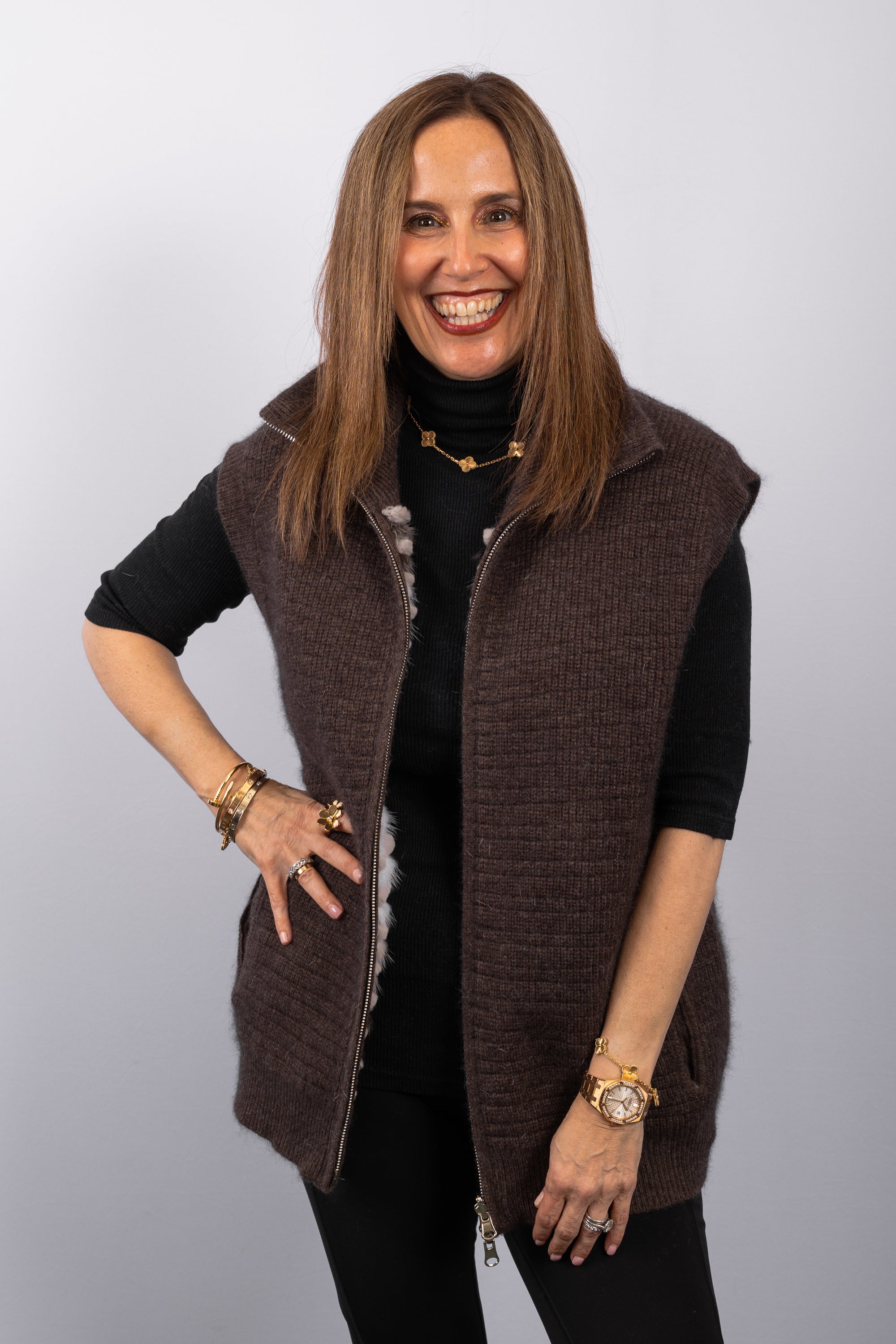 Mocha Multi/White Mink/Rabbit/Cashmere Vest