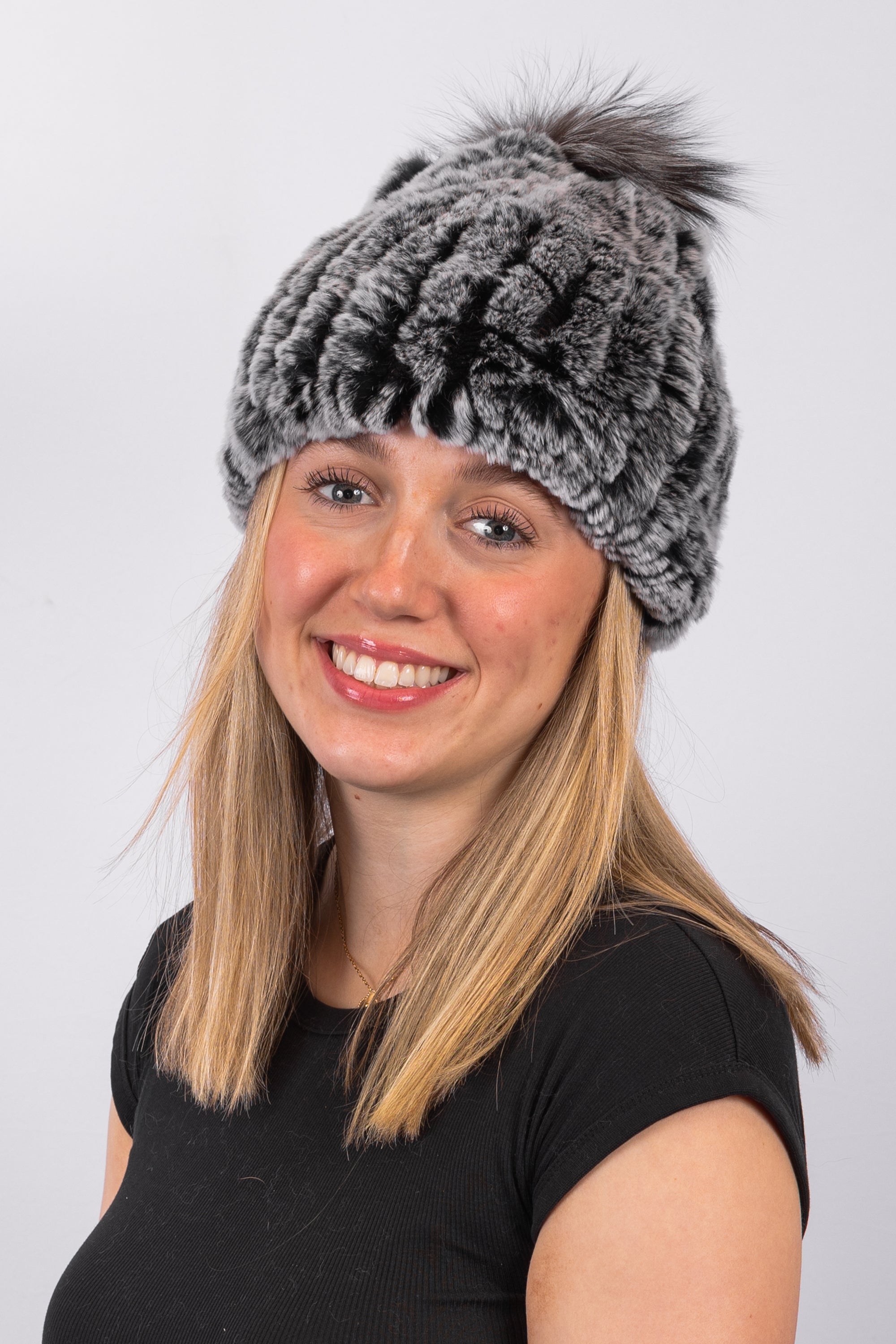 Black Snowtop Rex Rabbit Hat with Natural Silver Fox