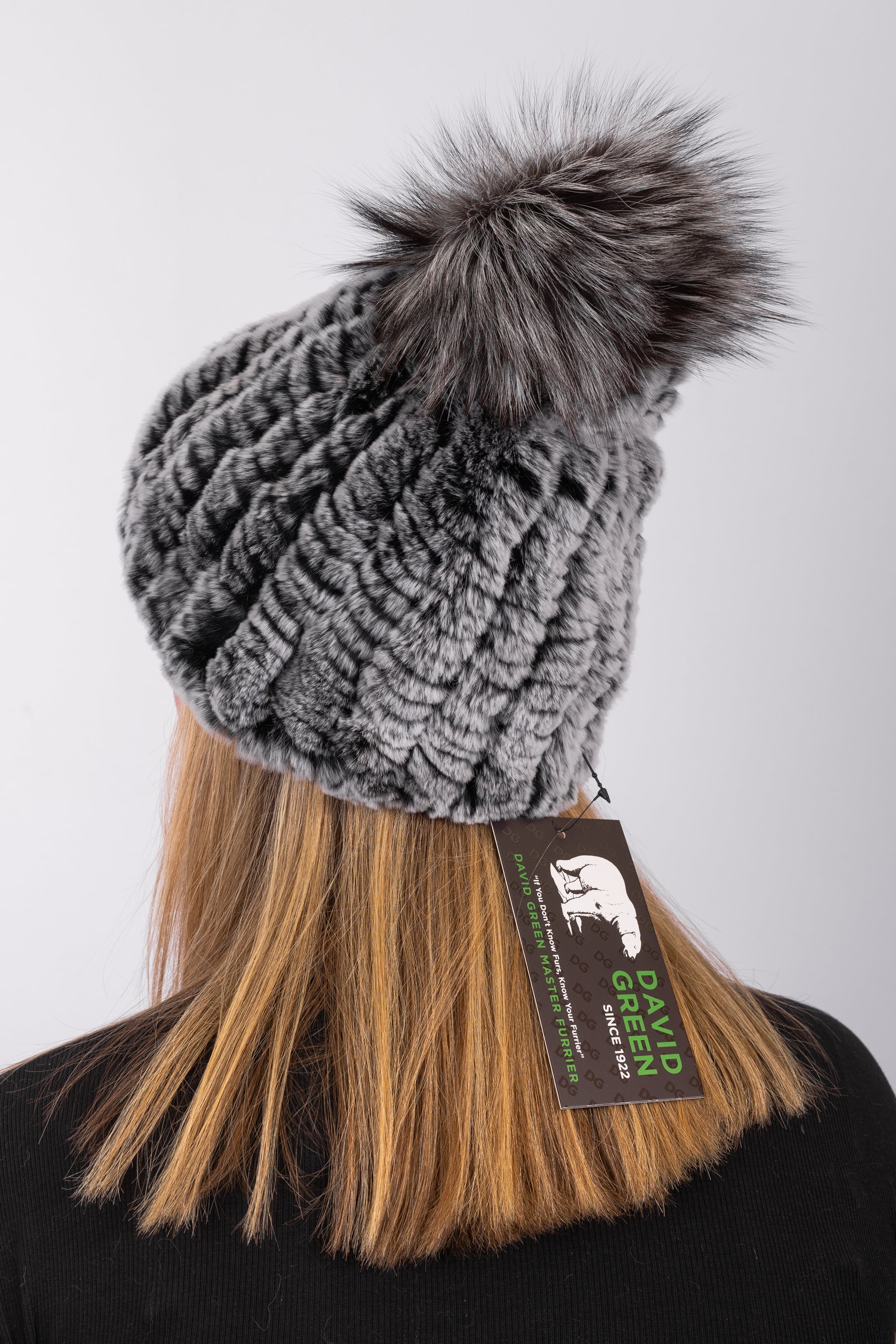 Black Snowtop Rex Rabbit Hat with Natural Silver Fox
