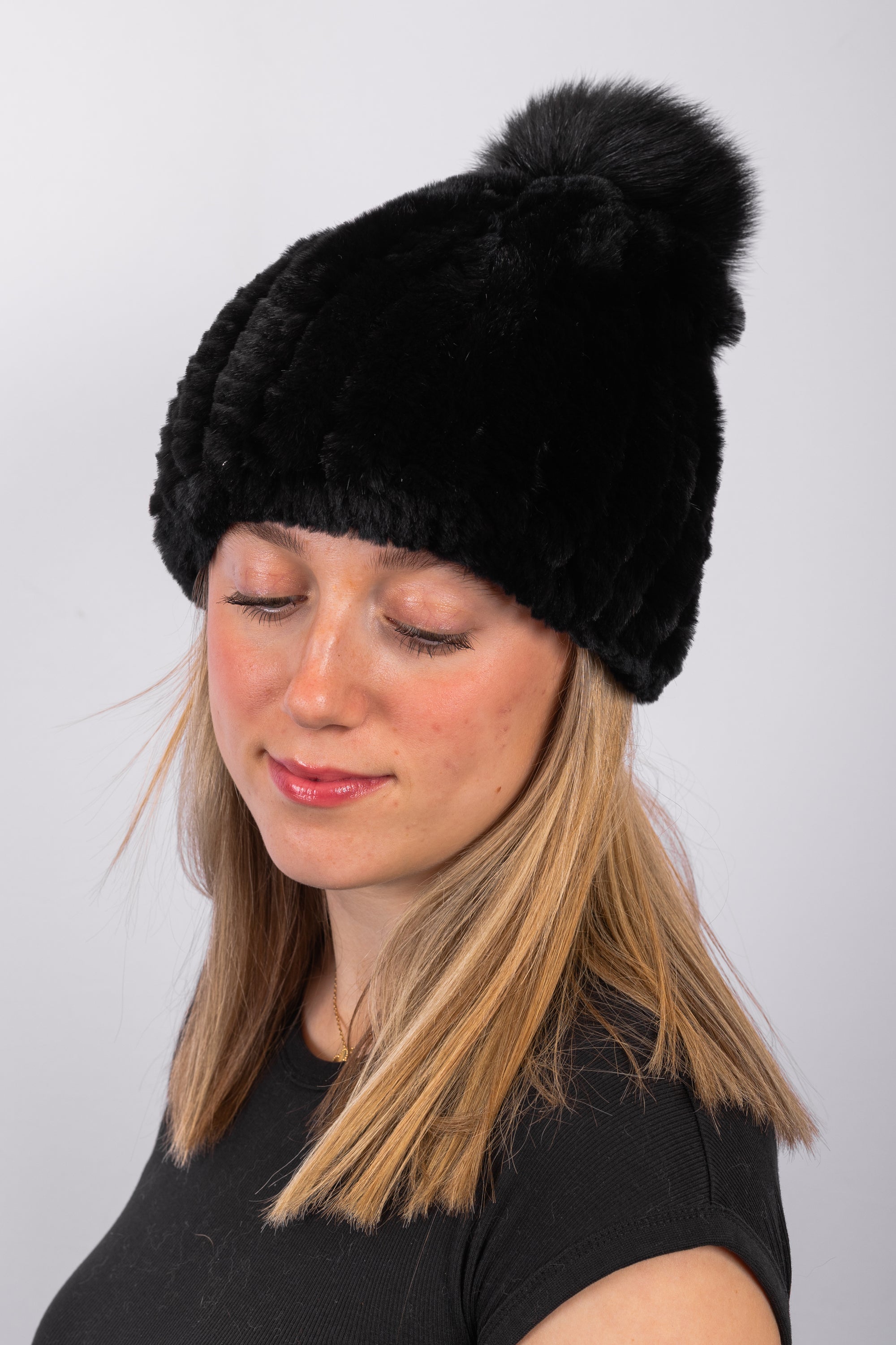 Black Rex Rabbit Hat with Fox
