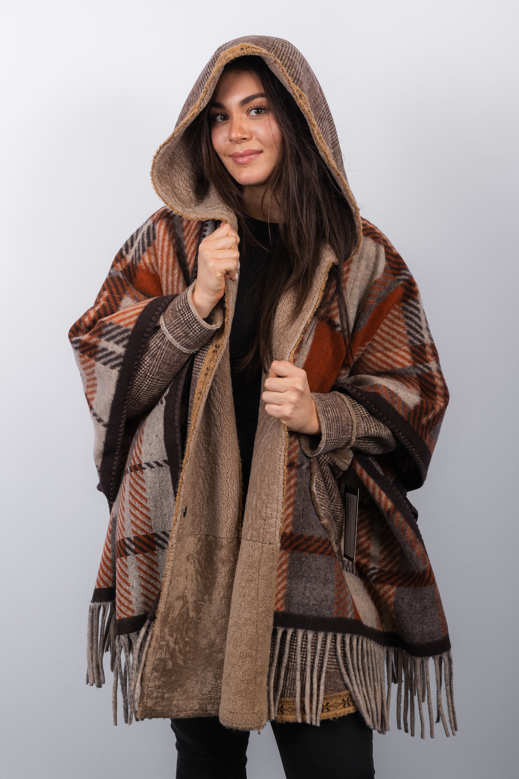 Autumn Multi Shearling Lamb/Wool/Poly Blend Poncho w/Hood