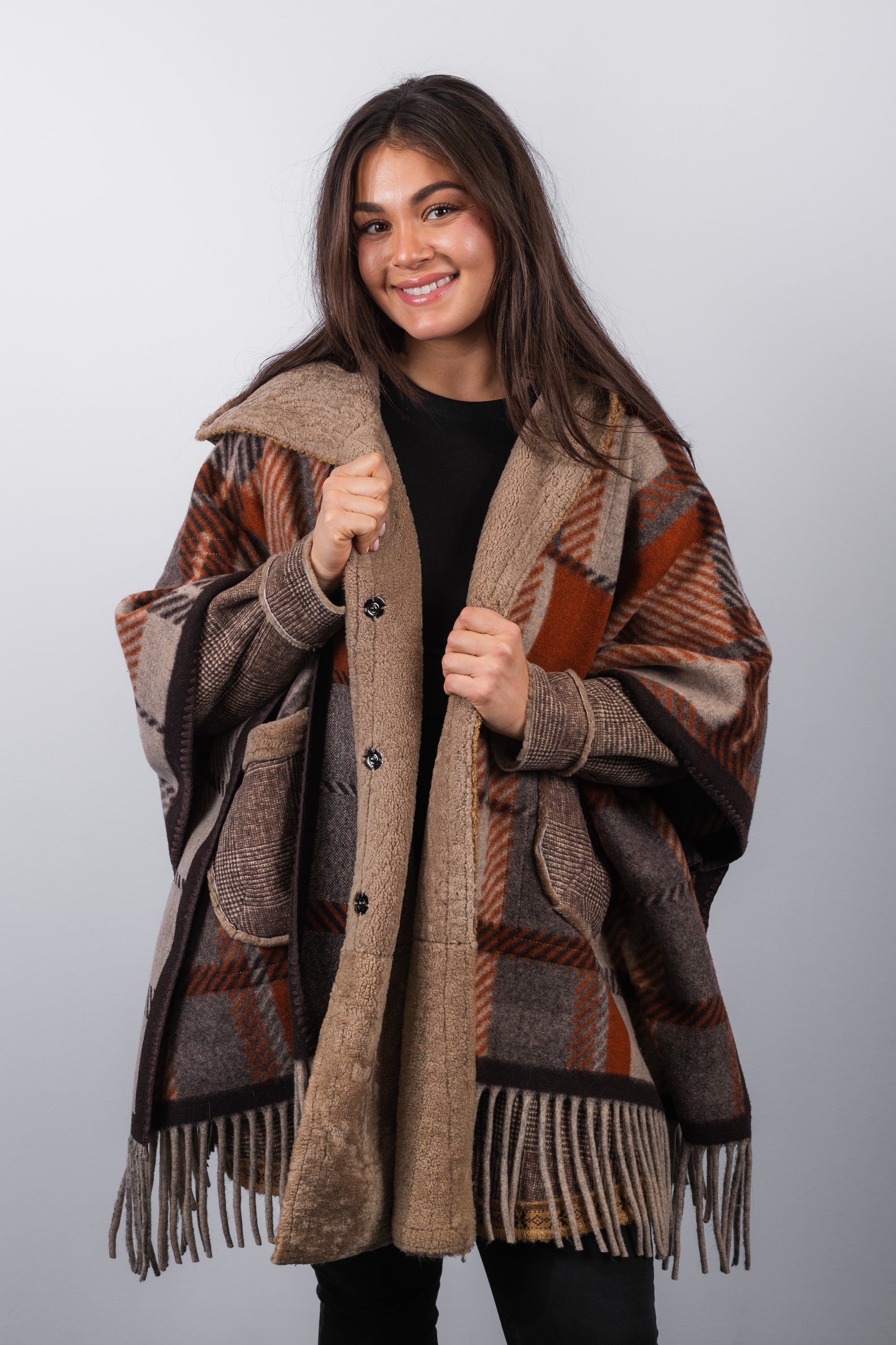 Autumn Multi Shearling Lamb/Wool/Poly Blend Poncho w/Hood