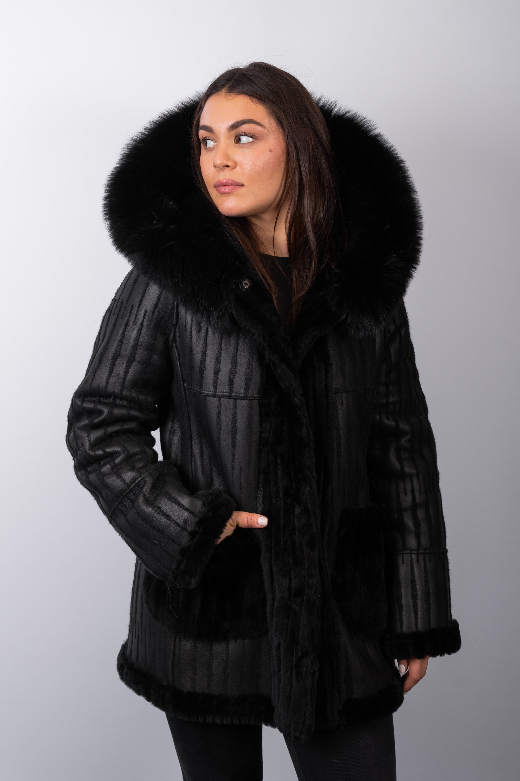 Black Onyx Shearling Lamb Jacket with Black Fox Fur Trim