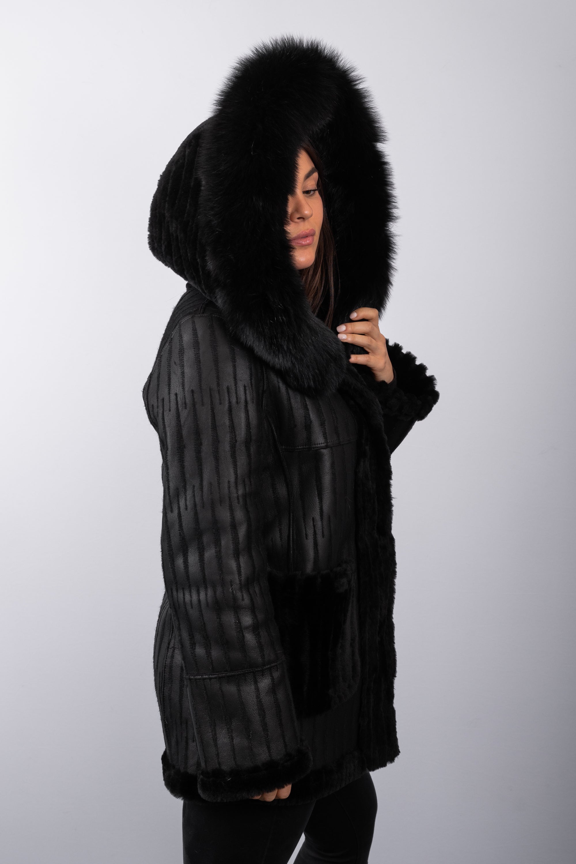 Black Onyx Shearling Lamb Jacket with Black Fox Fur Trim
