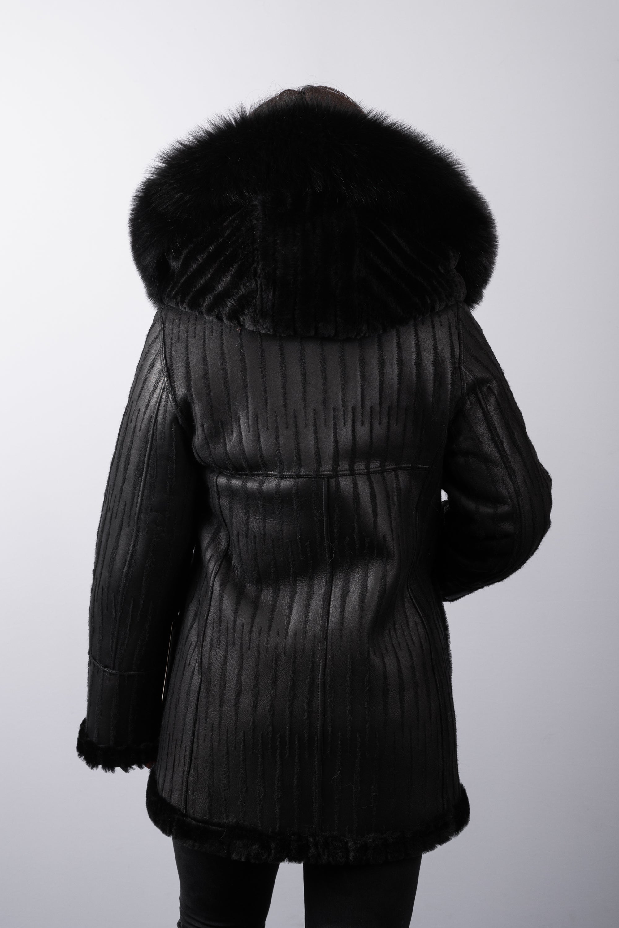 Black Onyx Shearling Lamb Jacket with Black Fox Fur Trim
