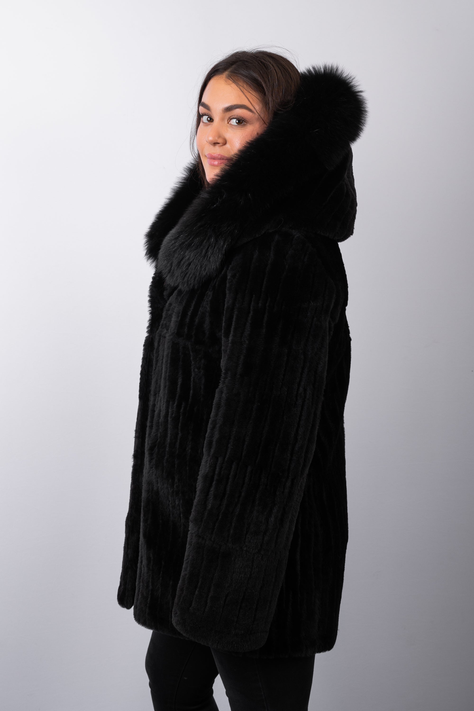 Black Onyx Shearling Lamb Jacket with Black Fox Fur Trim