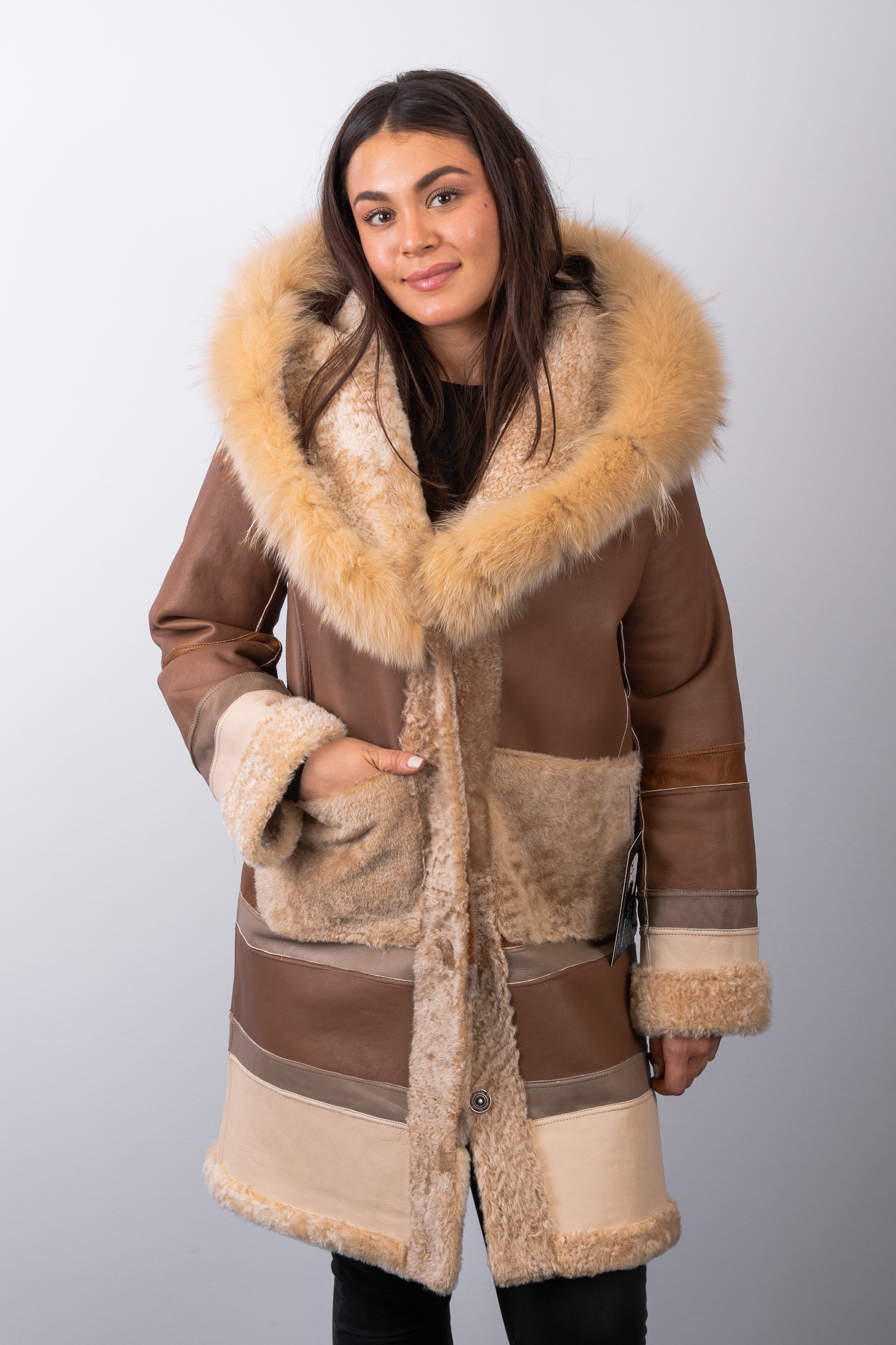 Carmel Latte Shearling Lamb Jacket with Carmel Latte Fox and Natural Asiatic Raccoon Fur Trim