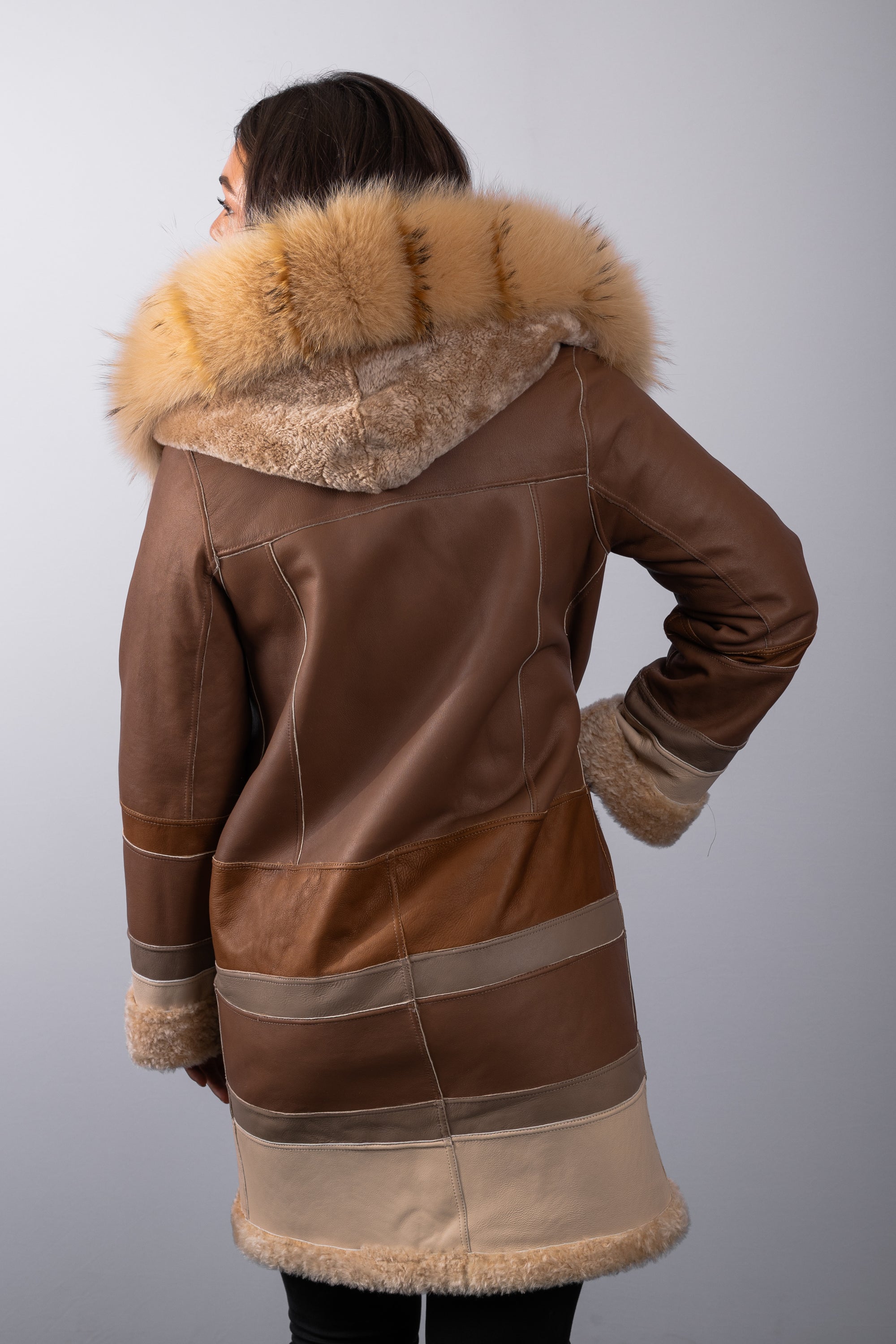 Carmel Latte Shearling Lamb Jacket with Carmel Latte Fox and Natural Asiatic Raccoon Fur Trim