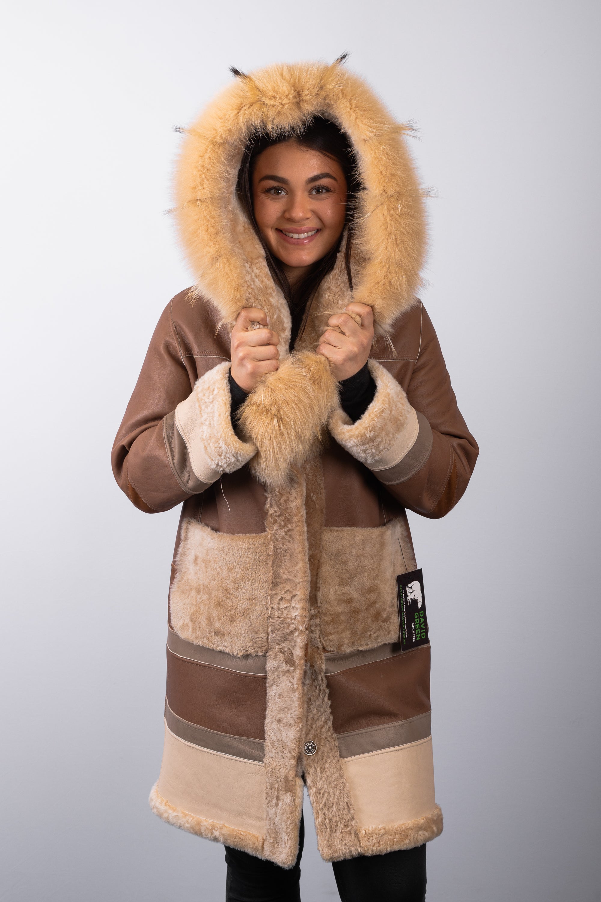 Carmel Latte Shearling Lamb Jacket with Carmel Latte Fox and Natural Asiatic Raccoon Fur Trim