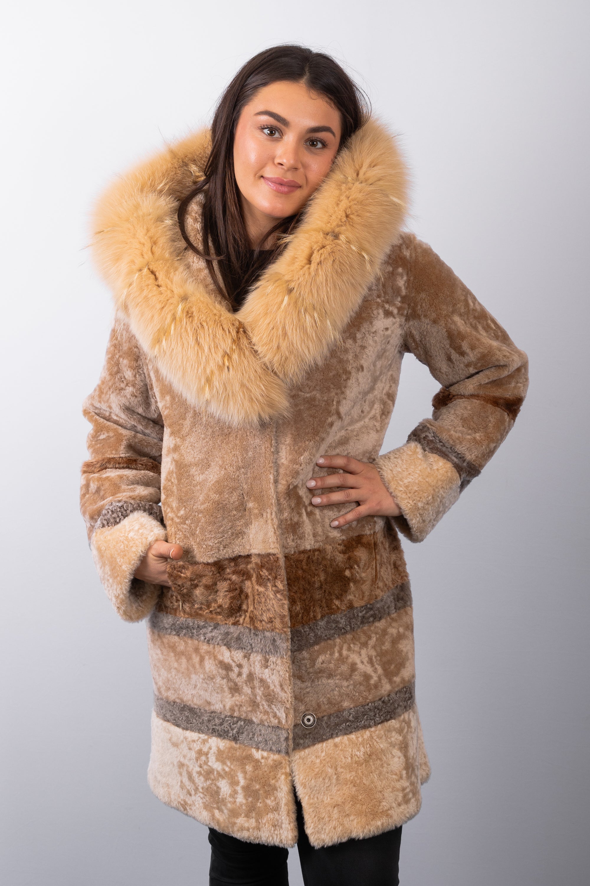 Carmel Latte Shearling Lamb Jacket with Carmel Latte Fox and Natural Asiatic Raccoon Fur Trim