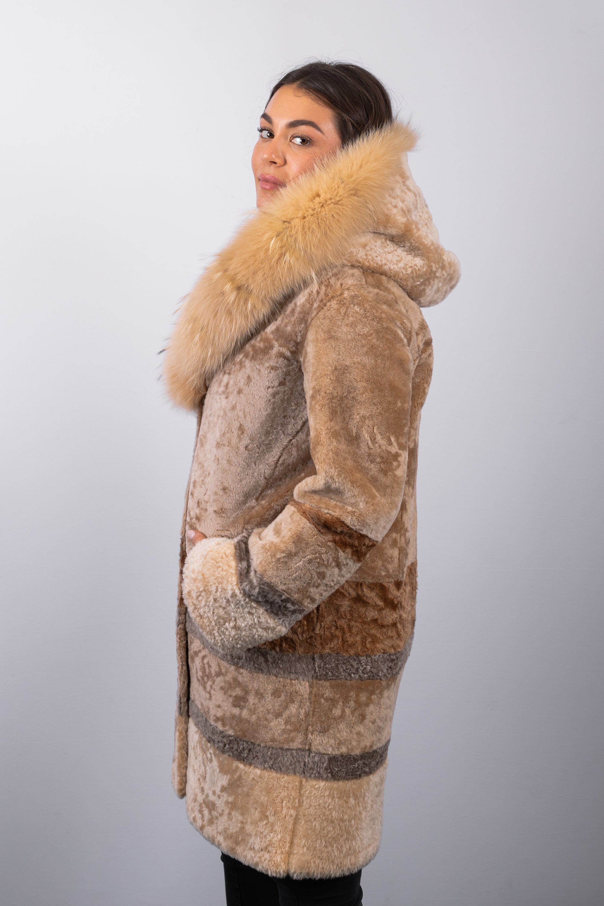 Carmel Latte Shearling Lamb Jacket with Carmel Latte Fox and Natural Asiatic Raccoon Fur Trim