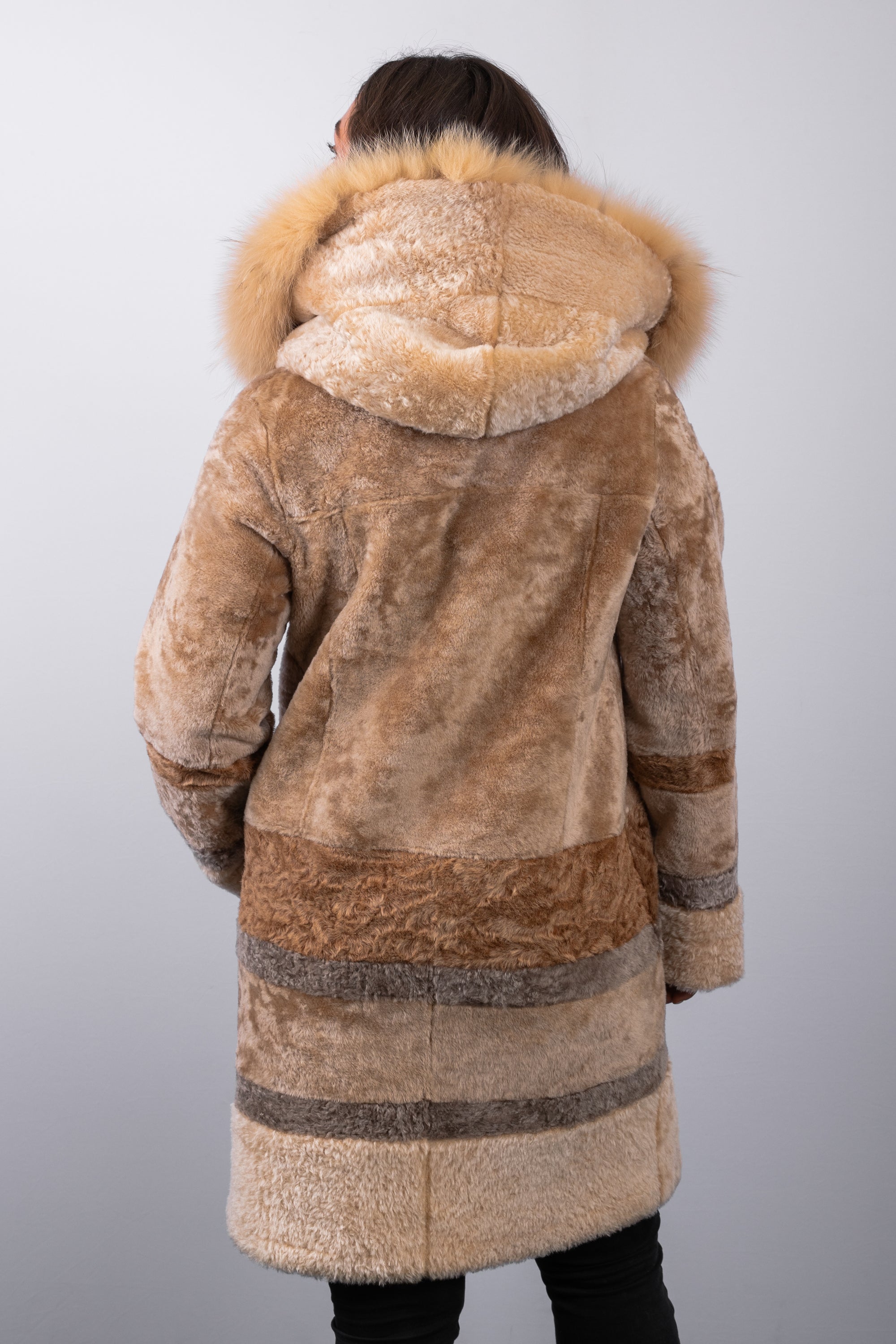 Carmel Latte Shearling Lamb Jacket with Carmel Latte Fox and Natural Asiatic Raccoon Fur Trim