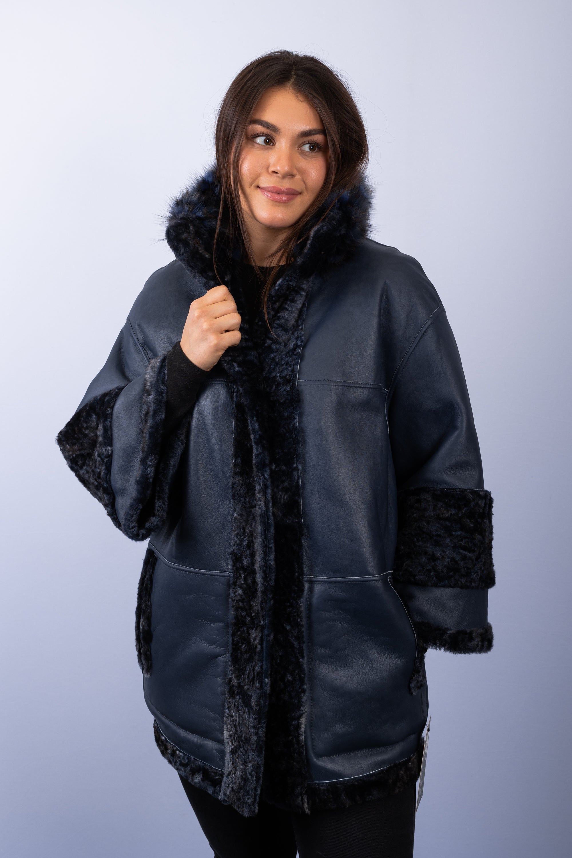Navy Shearling Lamb Jacket with Multi Russian Sable Fur Trim