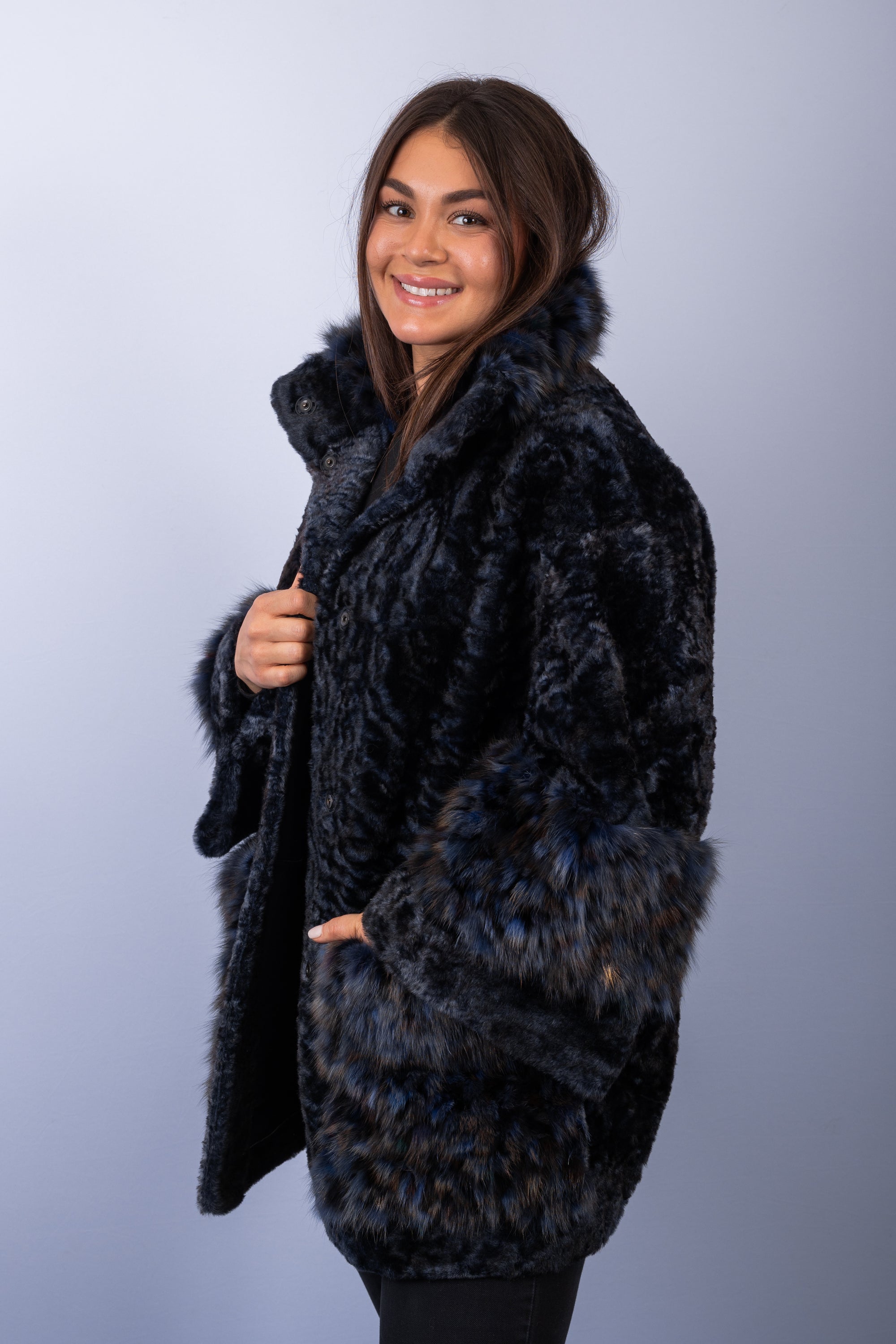 Navy Shearling Lamb Jacket with Multi Russian Sable Fur Trim